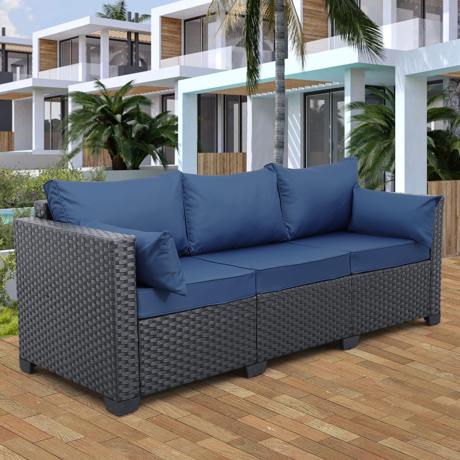 Valita 3-Seat Outdoor Rattan Sofa Set - Black PE Wicker Patio Loveseat with Washable Navy Blue Cushions - Perfect for Backyard, Garden, Poolside & Balcony Relaxation