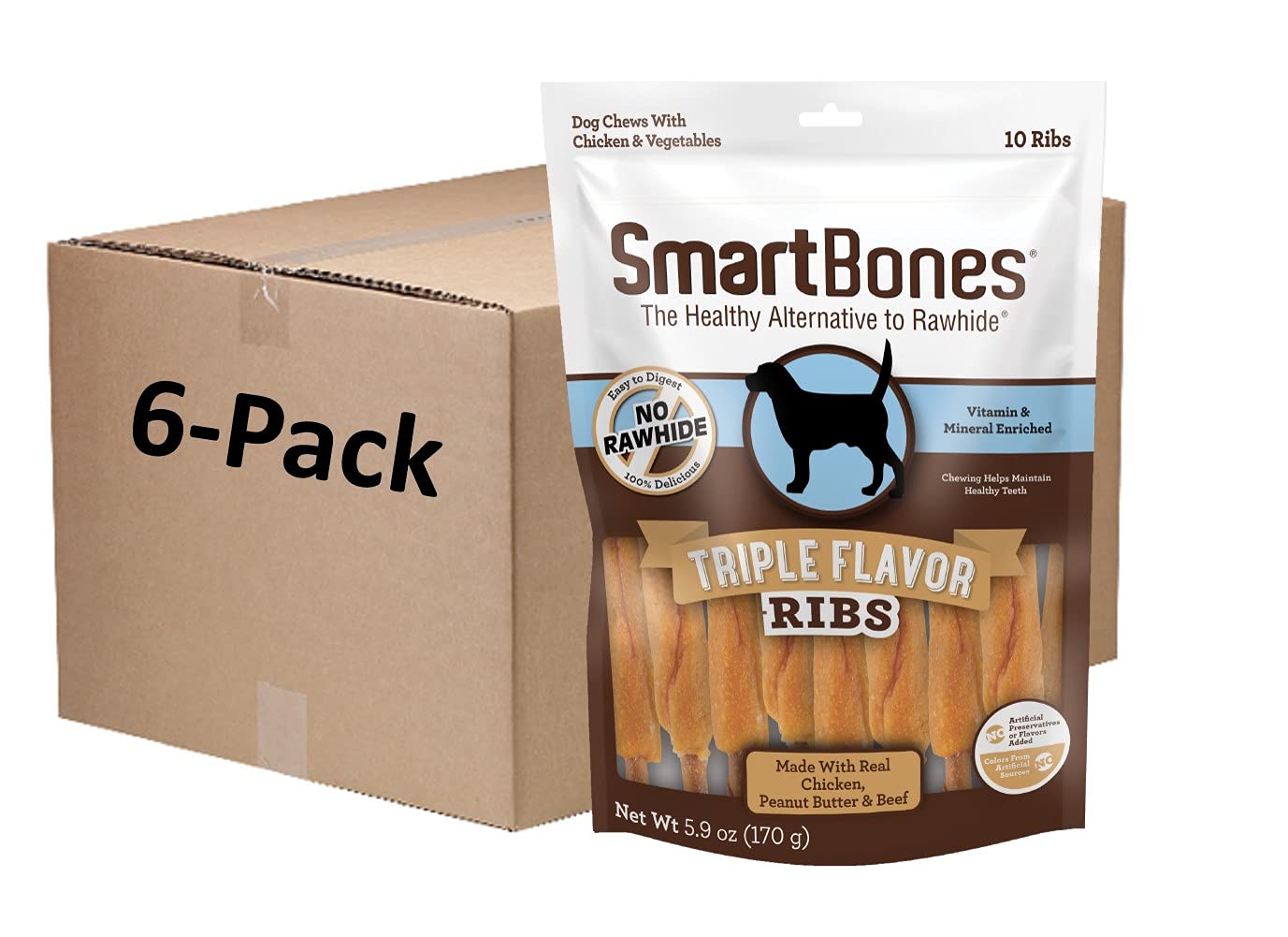 SmartBones Triple Flavor Ribs Dog Chews - 10 Count (Pack of 6) | Rawhide-Free, Healthy Dental Treats for Small & Medium Dogs | Perfect for Training Rewards and Anxiety Relief