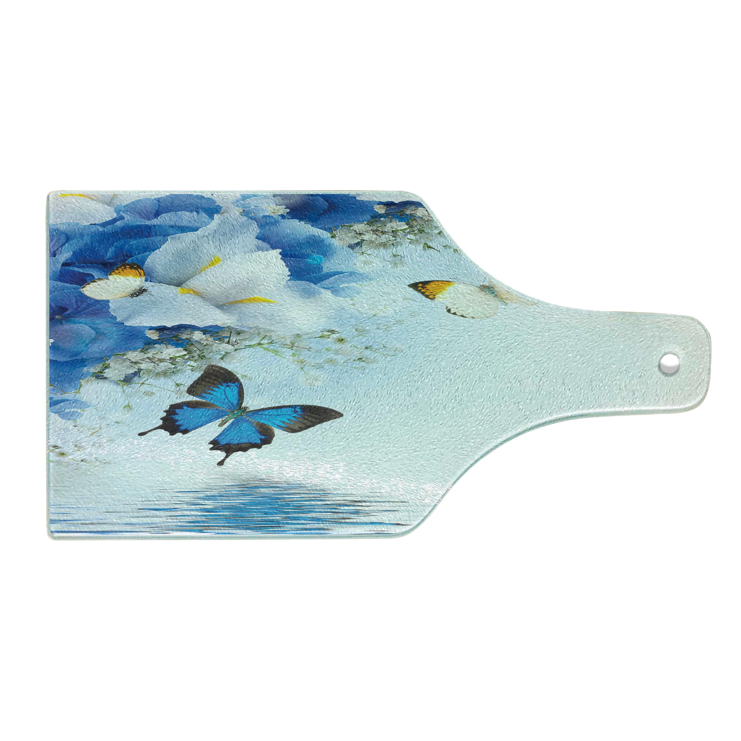 Ambesonne Floral Cutting Board - Blue and White Wild Flowers with Monarch Butterflies, Lily Therapy Zen Spa Art Prints - Decorative Tempered Glass Serving Board in Wine Bottle Shape, Pale Blue - Perfect for Kitchen, Dining, and Gift Giving