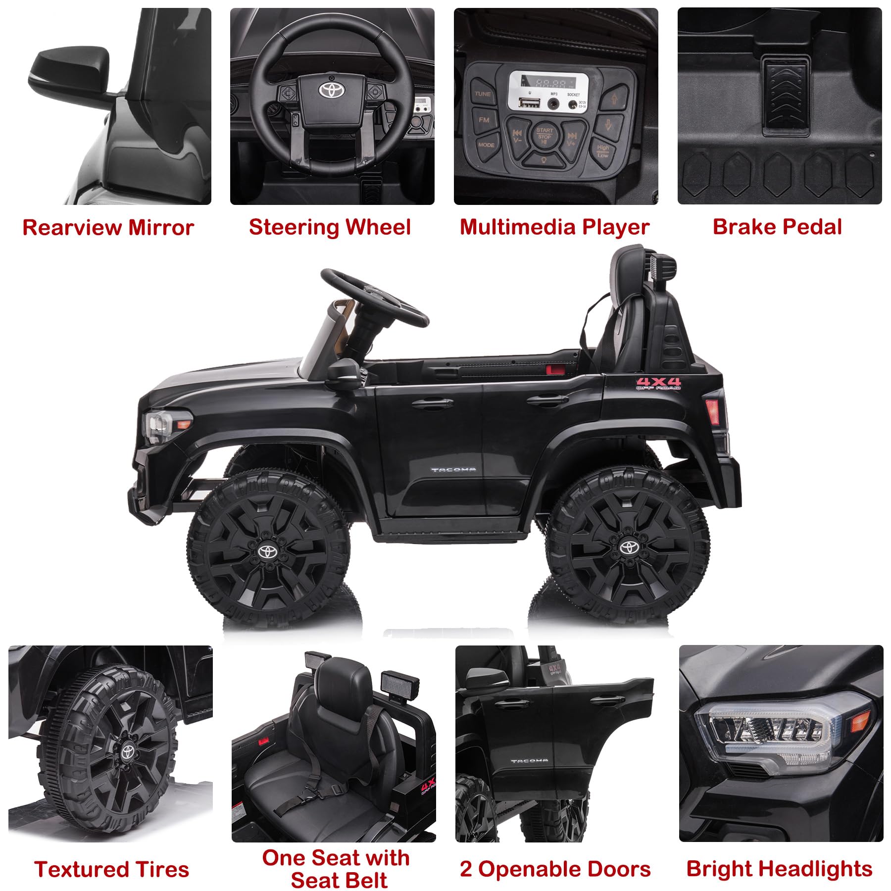 Toyota Tacoma Licensed 12V Kids Ride-On Truck - Battery-Powered Electric Car with Remote Control, 3 Speed Settings, Spring Suspension, Music & FM Radio - Perfect for Outdoor Play, Birthday Gifts & Toddler Pretend Driving (Black)