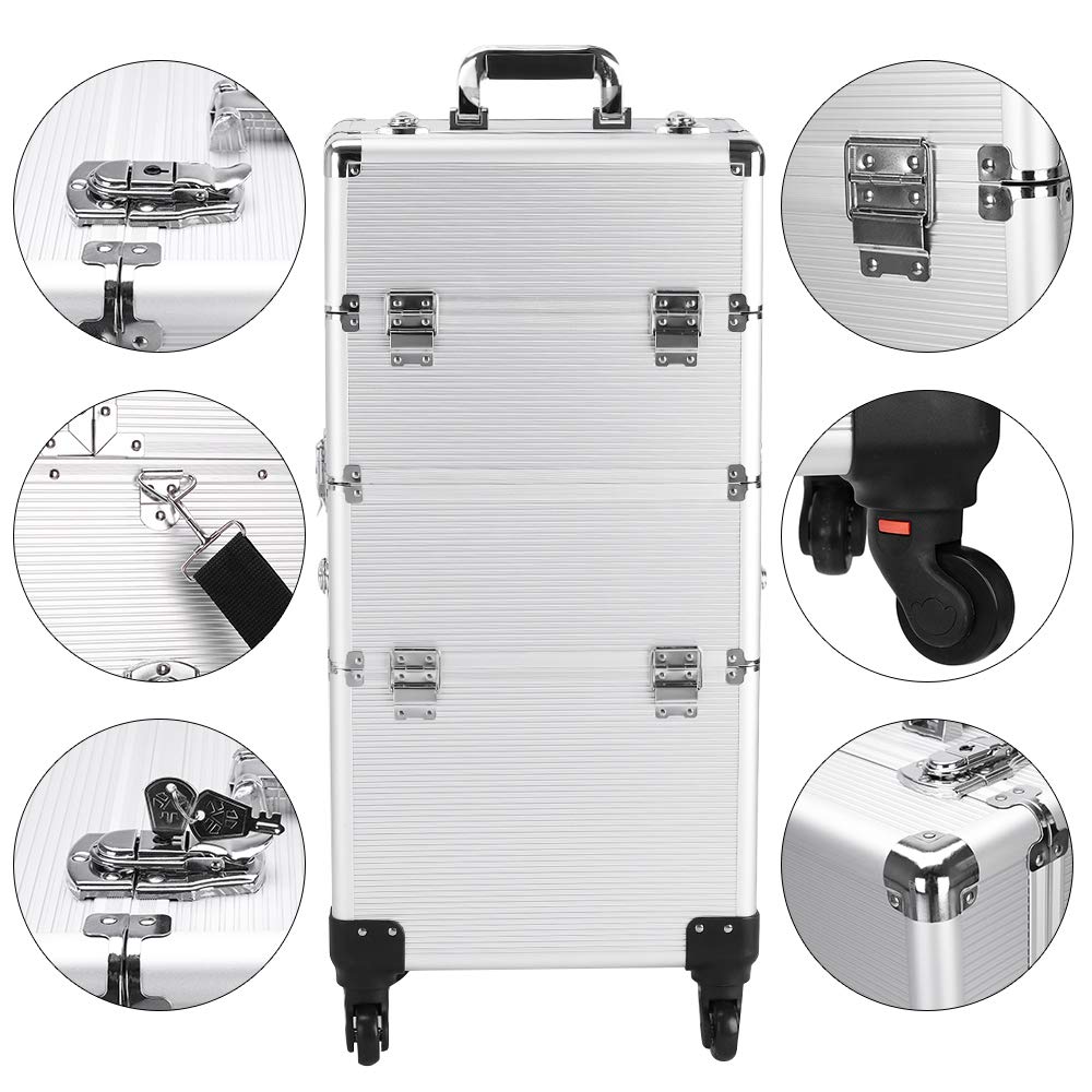 Professional 3-in-1 Rolling Makeup Train Case - Silver Cosmetic & Jewelry Storage Organizer with Wheels | Portable Beauty Trolley for Makeup Artists, Salon Professionals & Travel Use
