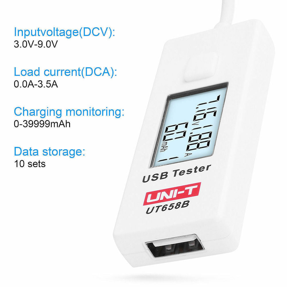 UNI-T UT658B USB Digital Ammeter Voltage Tester - Monitor Charging Current & Power for Phones, Tablets, Power Banks (Home, Office, Travel Use)