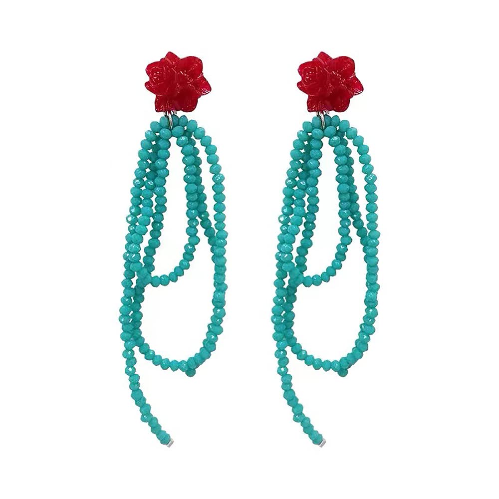 Vintage Blue Tassel Beaded Dangle Earrings with Red Floral Accents - Long Crystal Drop Earrings for Women | Boho Chic Jewelry for Parties, Weddings & Everyday Wear
