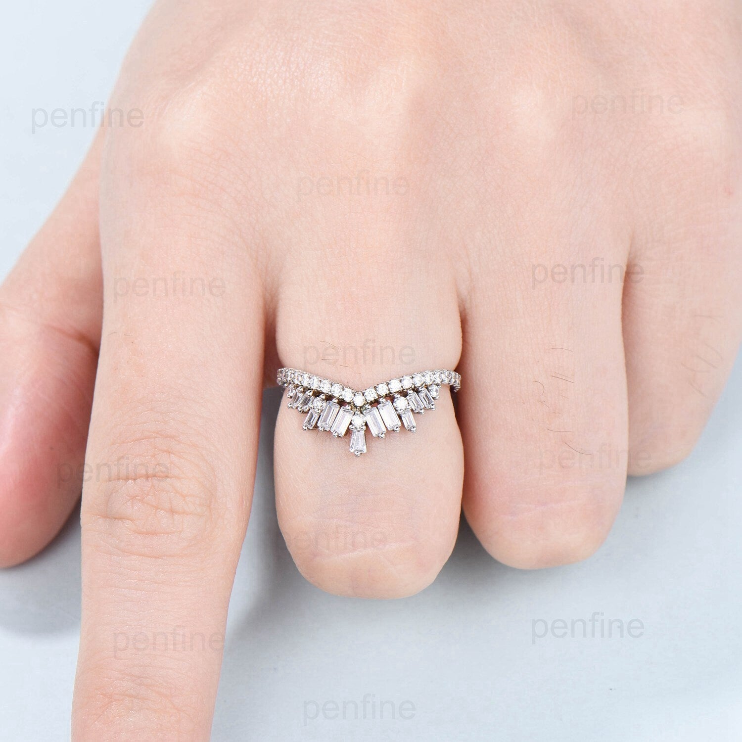 Elegant Baguette Cut Moissanite Wedding Band - 14K White Gold or Platinum Curved Stacking Ring for Women | Perfect Promise Ring, Anniversary Gift, Bridal Jewelry for Weddings, Engagements & Special Occasions