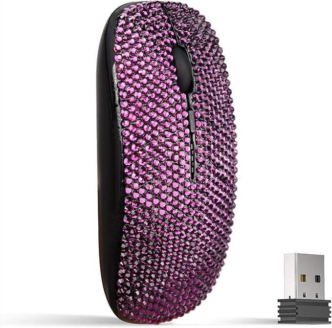 Luxury Bling Crystal Diamond Rhinestone USB Slimline Wireless Mouse - Purple Glamorous Computer Accessory for Women, Office, Home & Gaming Use