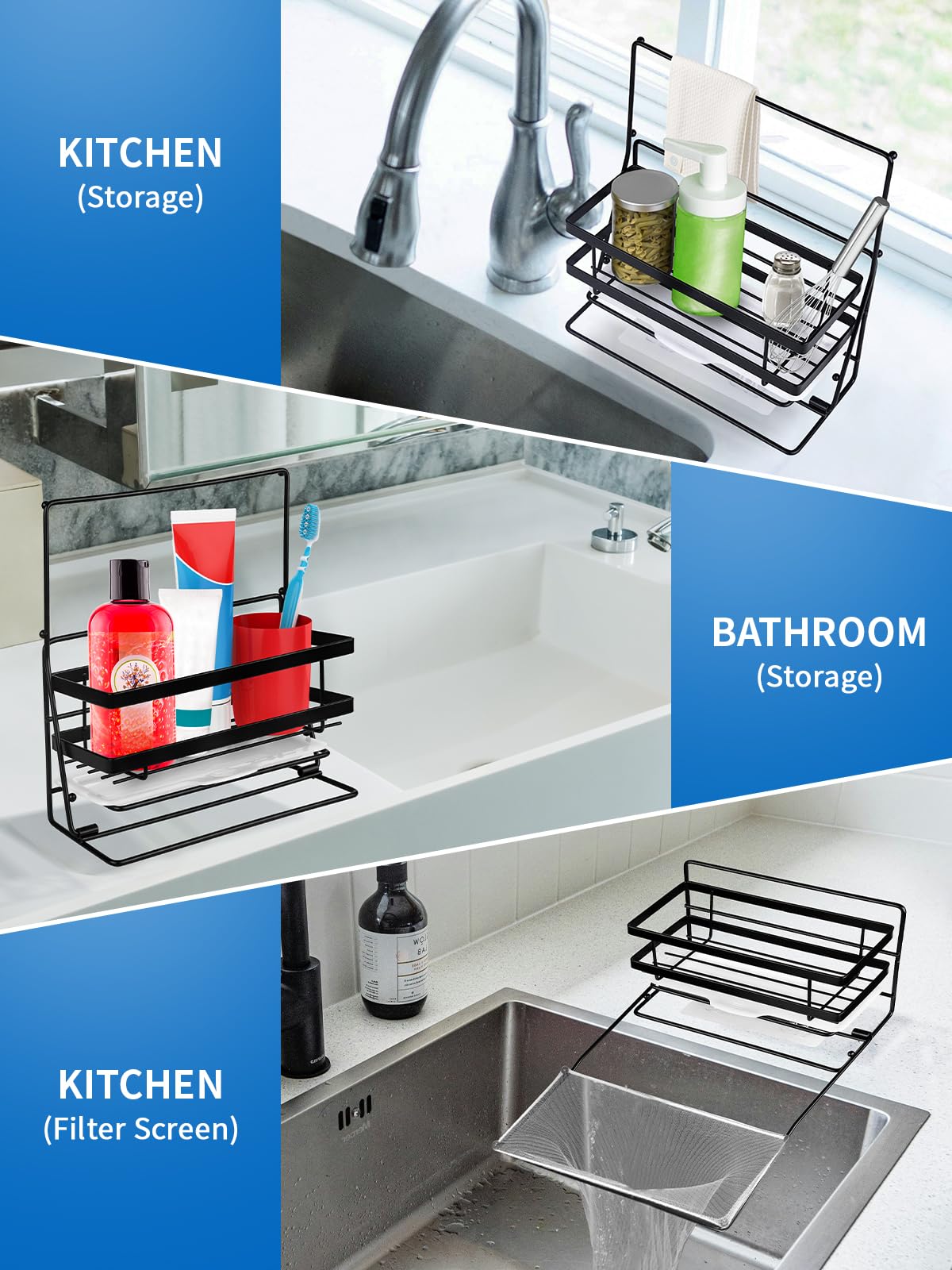 EBANKU 3-in-1 Kitchen Sink Organizer - Stainless Steel Sponge Holder, Food Waste Strainer Basket & Dish Rack with 100Pcs Net - Rustproof 304 Steel for Easy Cleaning - Perfect for Kitchen Sink Organization & Dishwashing