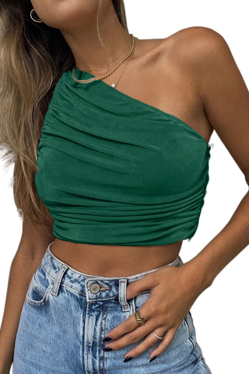 CHYRII Women's Sexy Sparkly One Shoulder Crop Top - Sleeveless Ruched Tank Top for Party, Club, Night Out & Summer Vacation | Trendy Casual Wear
