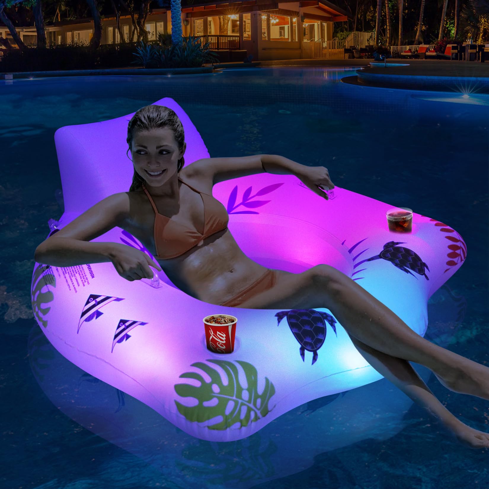 Solar Powered Inflatable Pool Floats Chair with Color Changing LED Lights - 2 Cup Holders & Armrests for Adults - Beach Float, Pool Sofa, Lounge Raft - Perfect for Summer Relaxation by Pool, Lake or Beach Parties