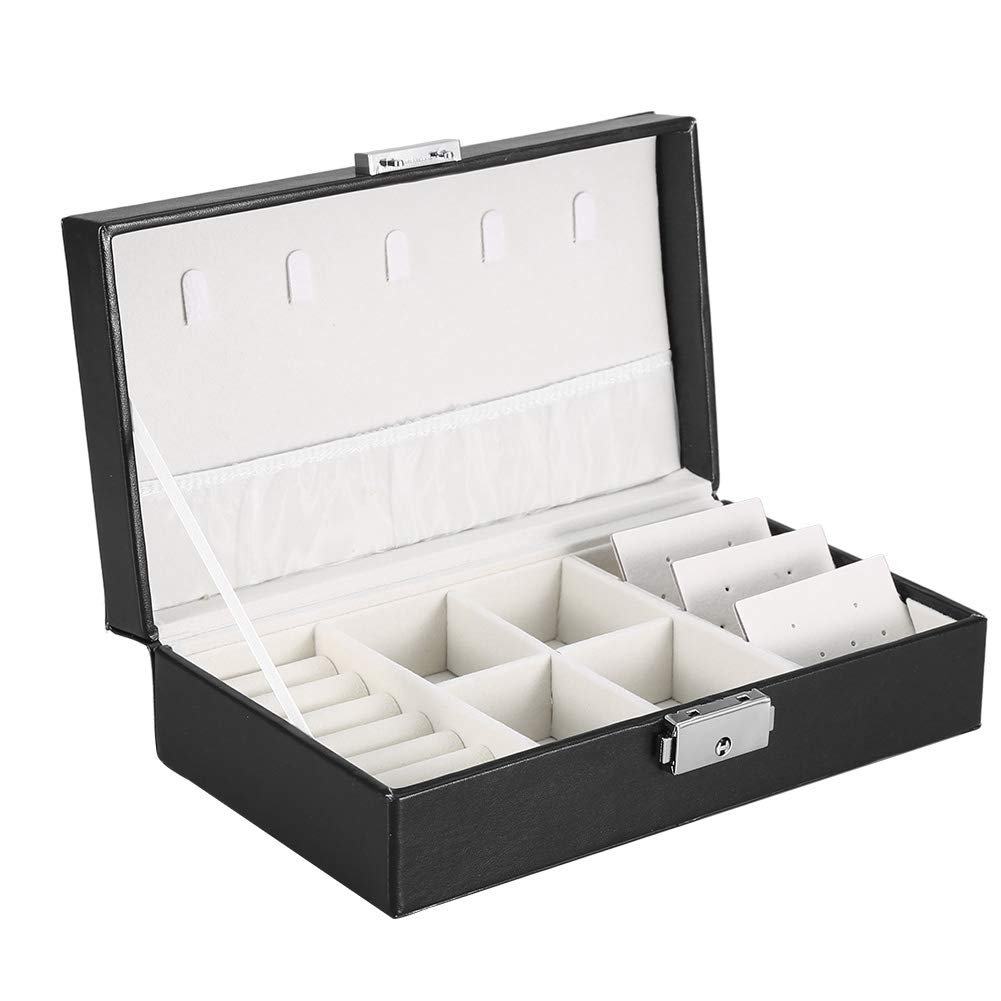 TMISHION Jewelry Organizer Box - Elegant PU Leather Storage Case with 5 Necklace Hooks & Large Pouch for Women - Perfect for Watches, Earrings, Bracelets & More - Ideal for Travel, Gifts & Home Organization (Black)