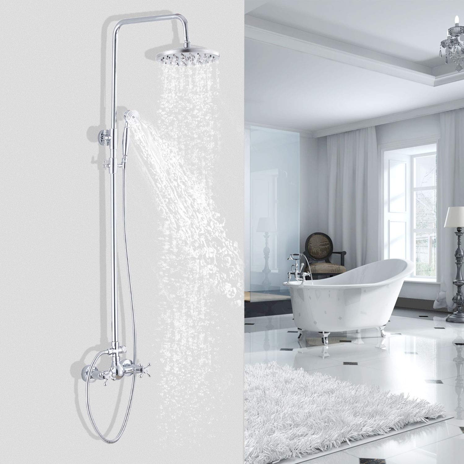 GGStudy Chrome Rain Shower System Set - 8 Inch Round Rainfall Shower Head with Handheld Spray & 2 Knob Mixer - Modern Bathroom Faucet for Spa-Like Shower Experience | Perfect for Master Bath, Guest Bath & Luxury Home Renovation