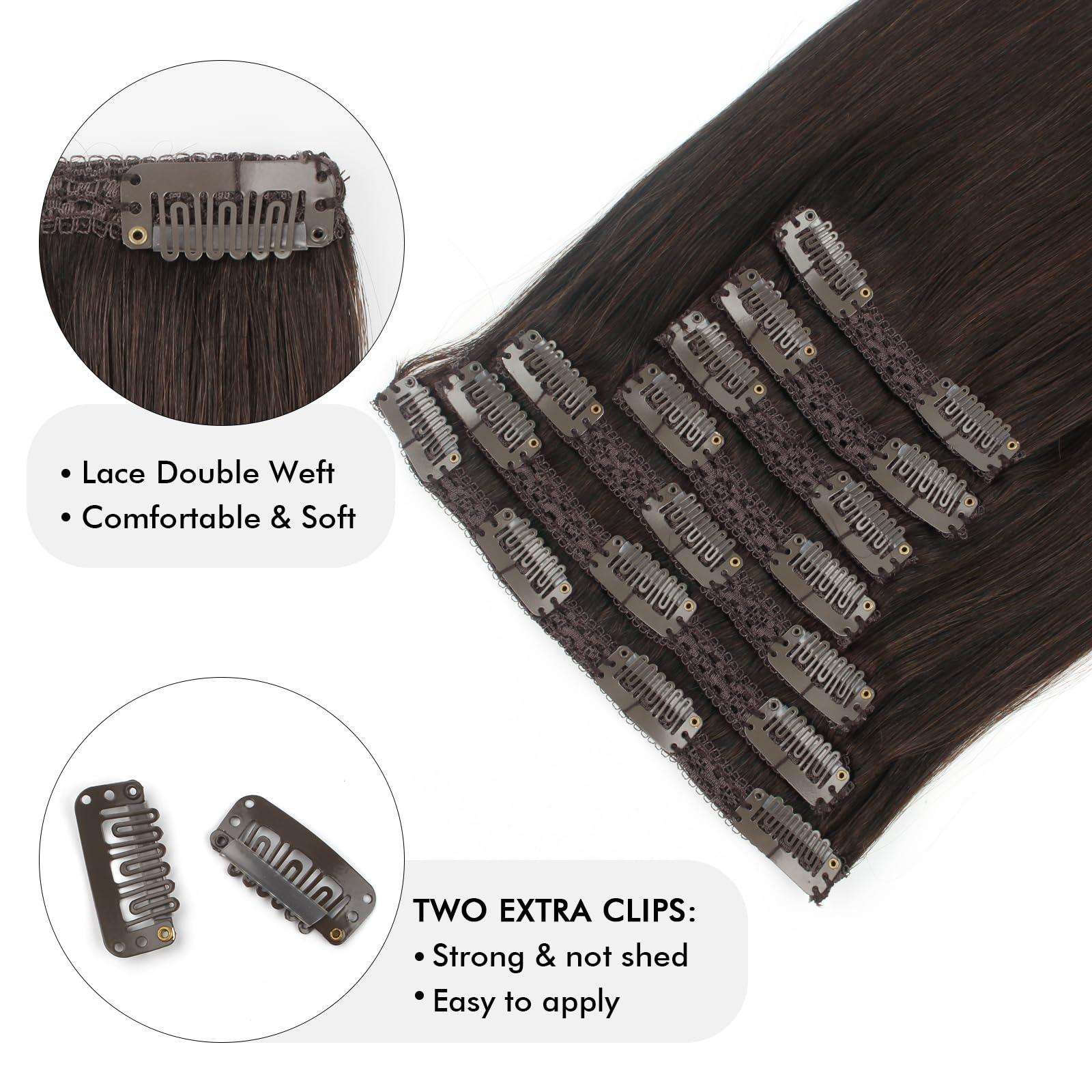 Sixstarhair Clip In Hair Extensions - 16 Inch Dark Brown Remy Human Hair (140g, 7 Pieces) - Silky Straight Real Human Hair Weft for Women - Perfect for Volume Boost, Length Extension & Everyday Styling
