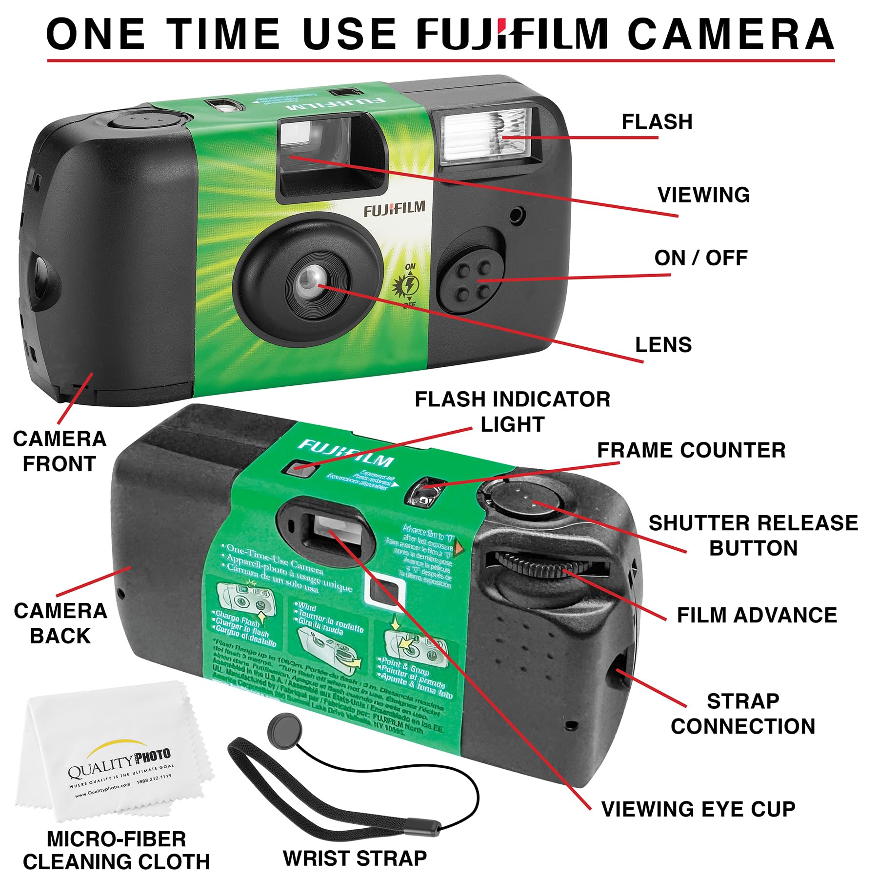 Fujifilm QuickSnap Flash 400 Disposable 35mm Camera with Hand Strap & Microfiber Cleaning Cloth (5 Pack) - Perfect for Travel, Weddings, Parties & Outdoor Adventures
