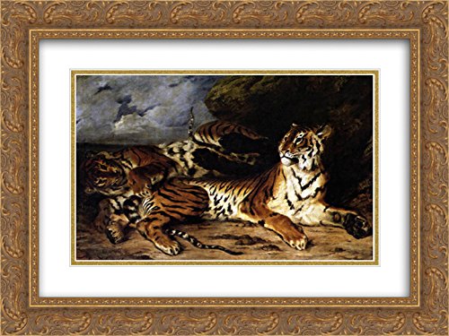 Eugene Delacroix Tiger Cub Playing with Mother - 24x18 Gold Ornate Framed Museum Art Print - Perfect for Living Room Decor, Office Wall Art & Luxury Home Interiors