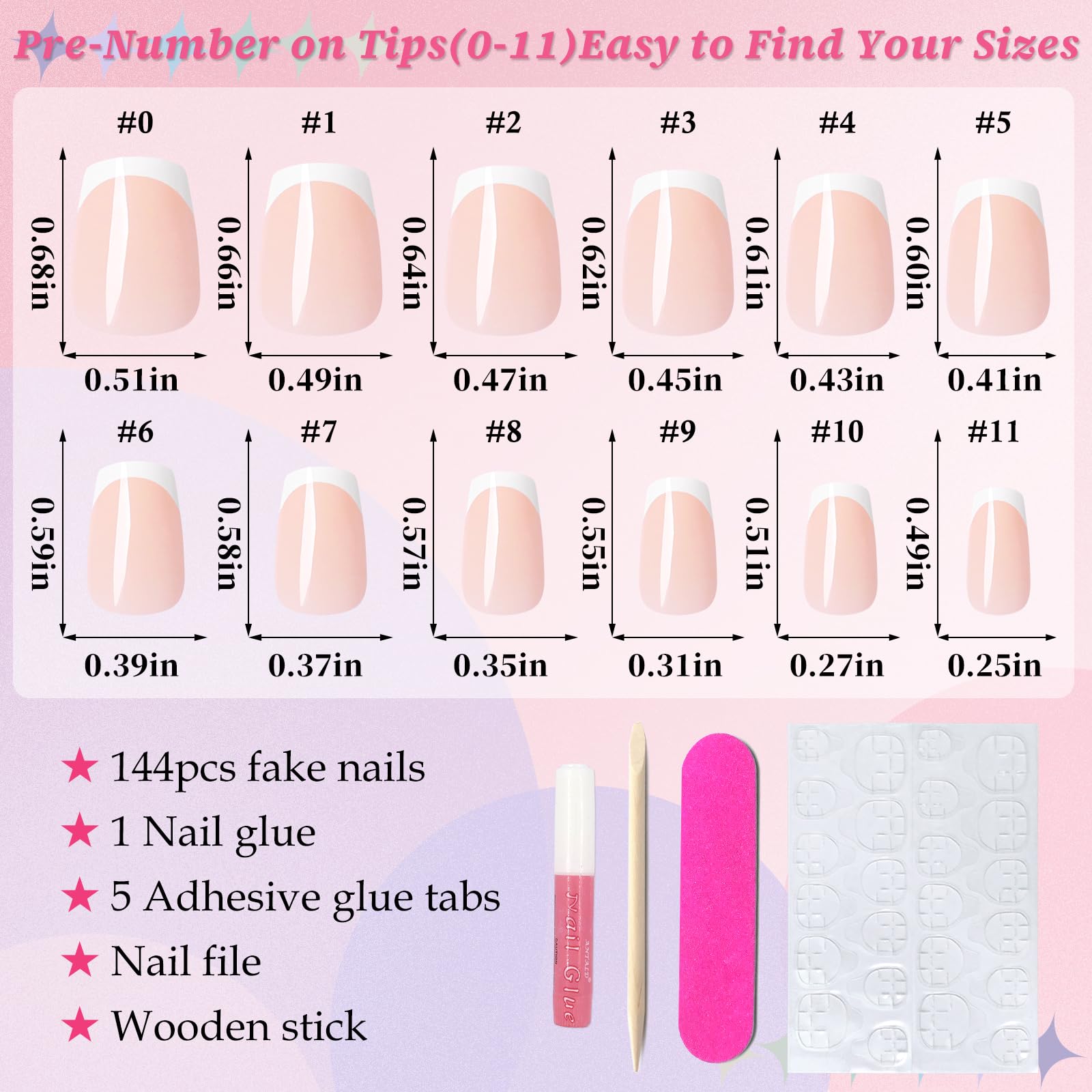 LuckForever 144pc White French Tip Press on Nails - Short Coffin Fake Nails with Glue & Adhesive Tabs | Natural Nude Ombre Manicure for Everyday Wear, Parties & Special Occasions