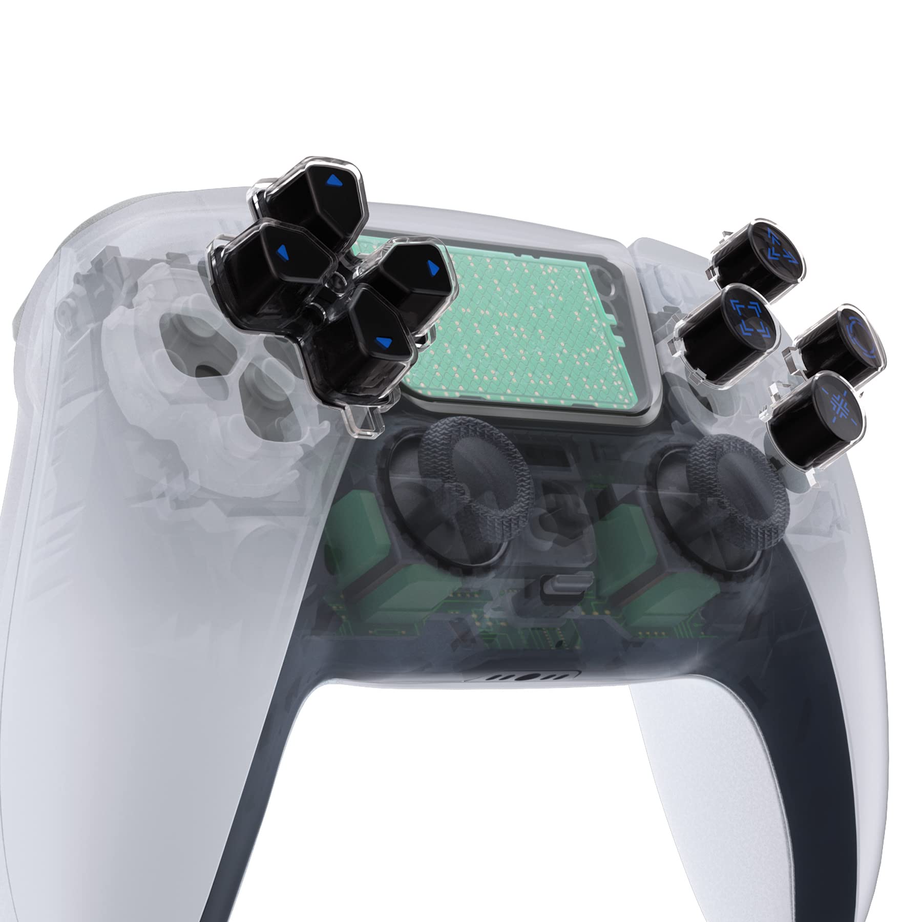 eXtremeRate Custom D-Pad & Action Buttons for PS5 Controller - Black & Clear Three-Tone with Blue Symbols | Enhanced Gaming Performance for FPS, Fighting & Action Games