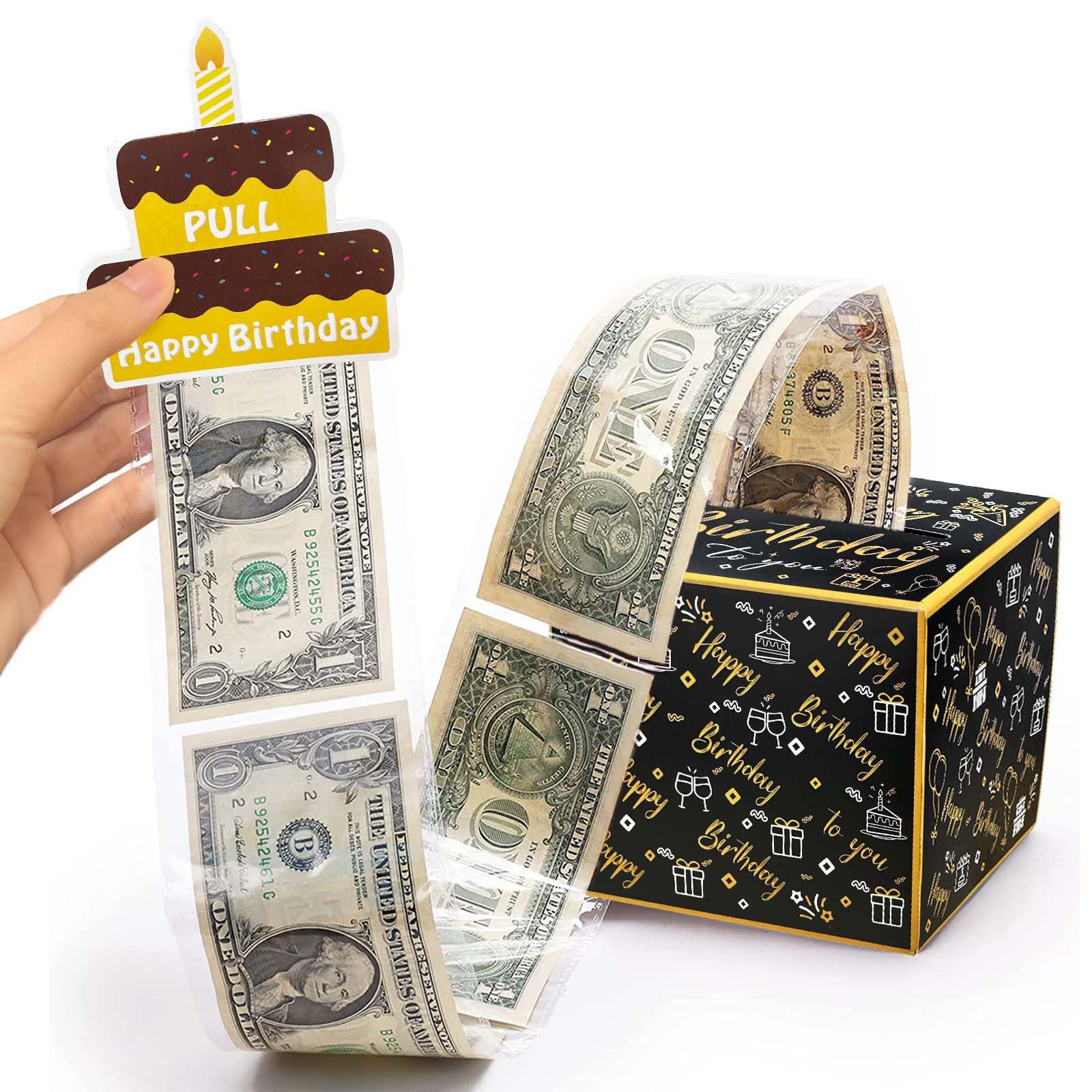 Happy Birthday Money Gift Box with Pull Out Card & Cash Holder - Elegant Black & Gold DIY Present Box for Birthdays, Graduation, Anniversary & Special Occasions