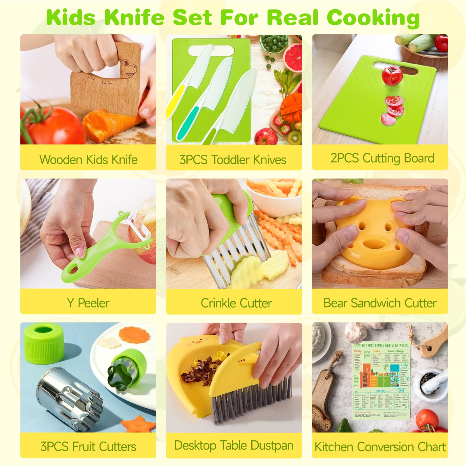Kids Knife Set for Real Cooking - Safe Kitchen Knives with Cutting Board, Crinkle Cutters & Food Conversion Chart - Toddler Cooking Tools for Boys & Girls Ages 2-10 - Perfect Christmas & Birthday Gift for Young Chefs - Ideal for Cooking Classes, Play Kitchens & Family Meal Prep