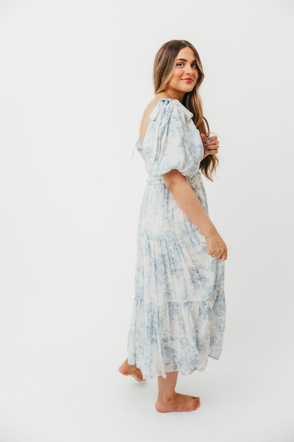 Elena Floral Print Smocked Midi Dress in Blue - Bump Friendly Maternity Dress & Inclusive Sizing for Women - Perfect for Baby Showers, Bridal Events & Summer Weddings