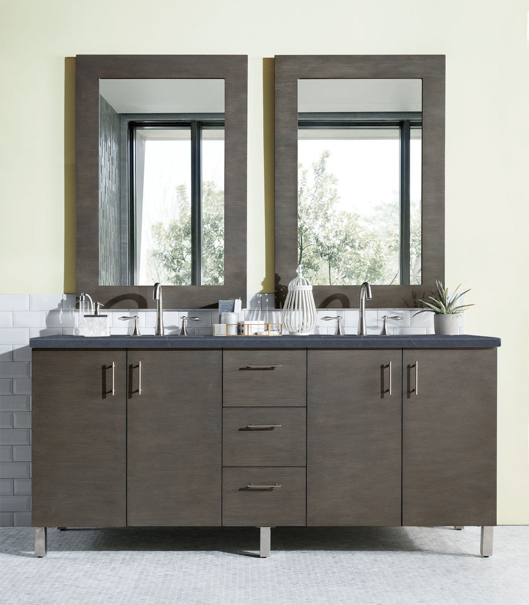 Metropolitan 72 Inch Double Bathroom Vanity with Silver Oak Finish & 3CM Charcoal Soapstone Quartz Countertop - Modern Bathroom Furniture for Master Bath, Guest Bath & Luxury Home Renovation