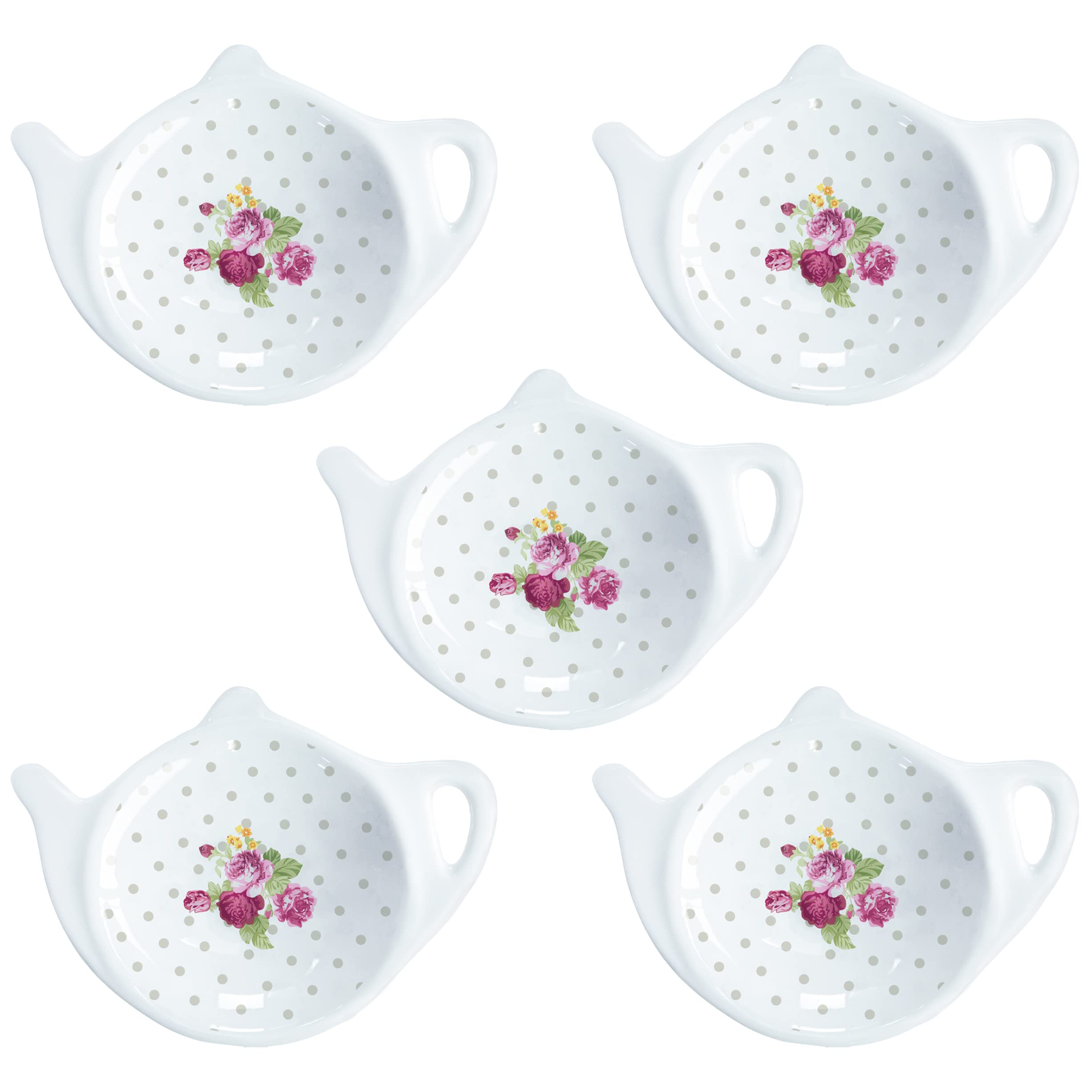 Polka Dot Floral Tea Bag Holder - Porcelain Teapot-Shaped Coaster & Saucer Set (4 Inch/10cm, 5-Piece) - Perfect for Tea Parties, Kitchen Decor, and Gift Giving