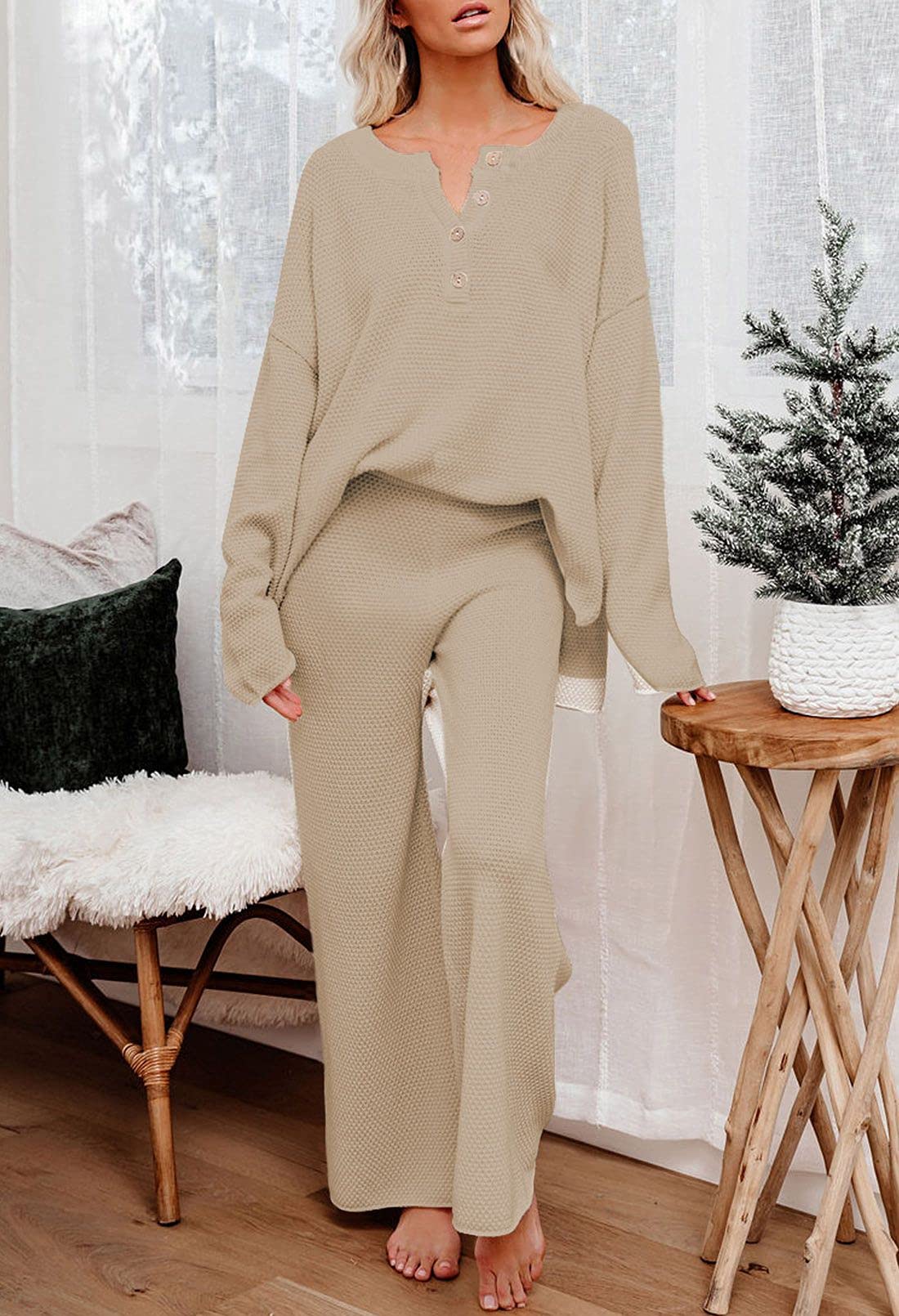 Women's 2-Piece Sweatsuit Set - Soft V-Neck Waffle Knit Sweater & Wide Leg Lounge Pants - Cozy Matching Outfit for Home, Yoga, and Casual Wear
