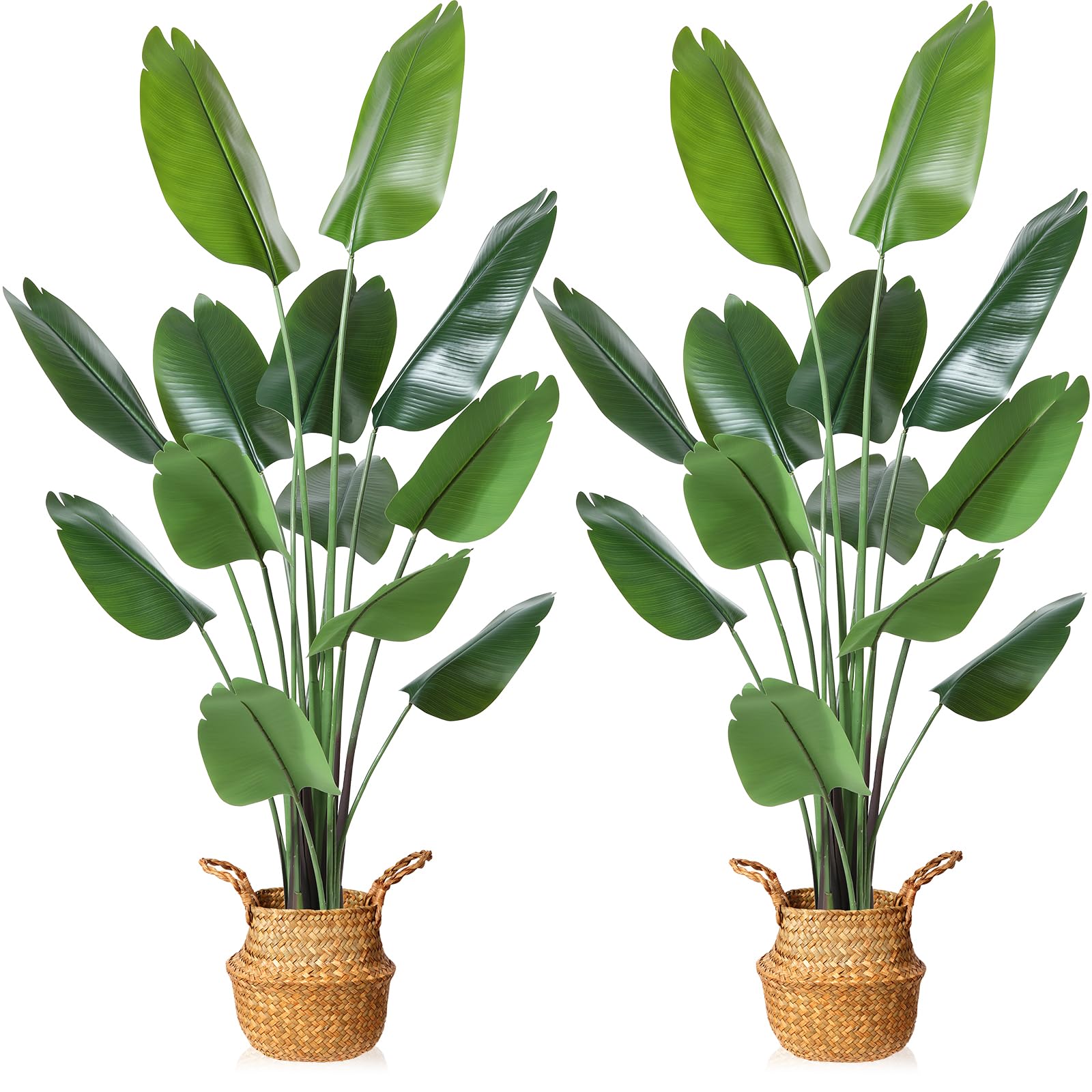 MOSADE 6FT Artificial Bird of Paradise Plant - Tall Fake Tropical Palm Tree with Woven Seagrass Basket, Realistic Faux Tree with 13 Detachable Trunks - Silk Plants for Modern Home Décor, Indoor Office Decor - Perfect for Living Room, Bedroom, or Office Spaces (2-Pack)