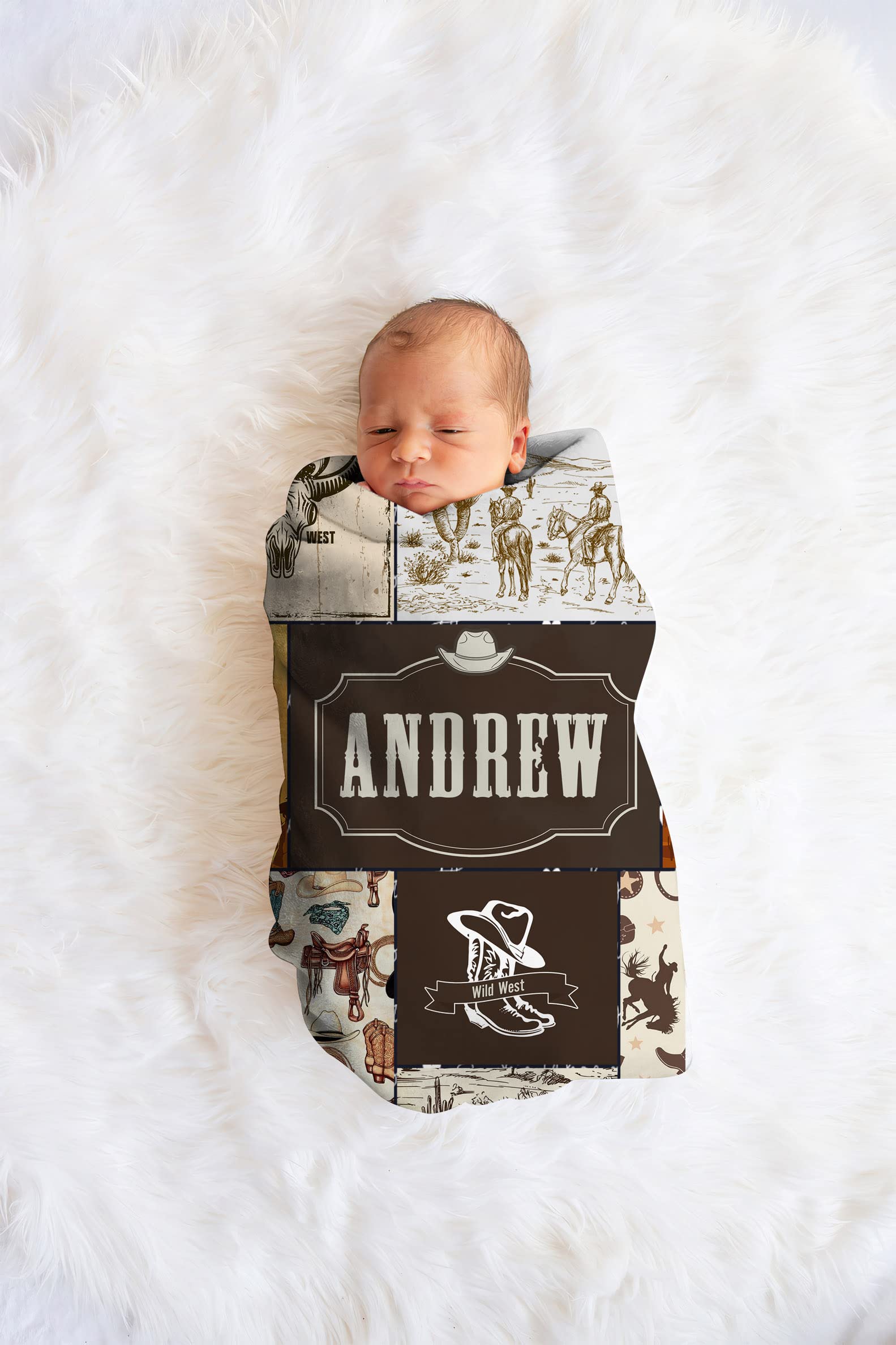 Personalized Western Cowboy Baby Blanket for Boys & Girls - Soft Fleece Swaddle Blanket with Name, Wild West Horse Design - Perfect for Newborn Gifts, Nursery Decor, and Photo Shoots