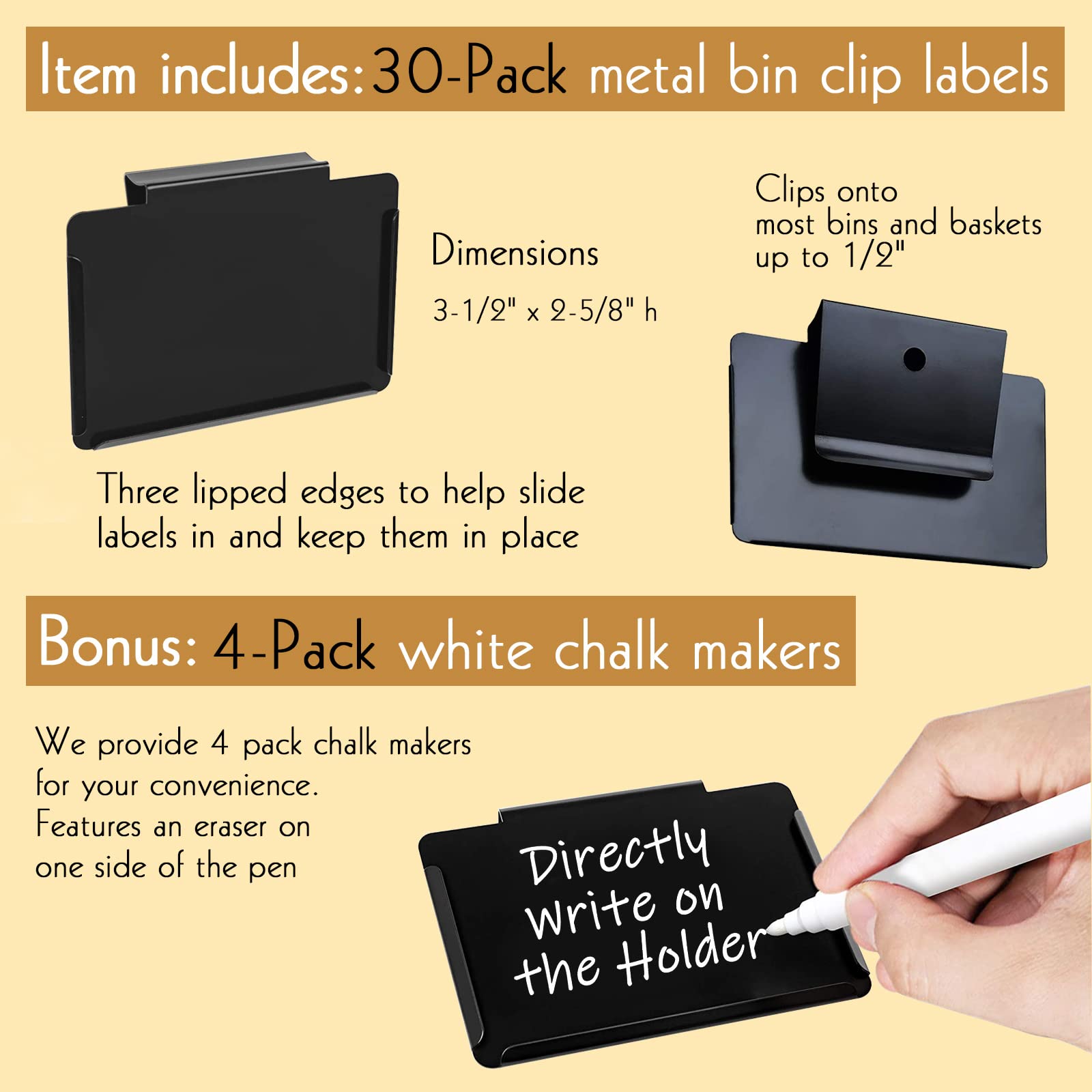 Metal Pantry Basket Labels with Chalkboard Clips - 30 Black Holders + 4 White Chalk Markers for Kitchen Organization & Storage Bin Labeling - Perfect for Pantry, Spice Jars, and Home Organization