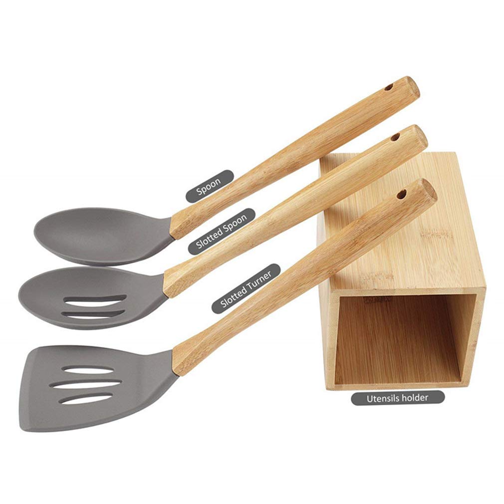 8-Piece Non-Stick Heat Resistant Silicone Cooking Utensil Set with Wooden Handles & Storage Bucket - Essential Kitchen Gadgets for Baking, Frying & Cooking - Perfect for Home Chefs & Professional Kitchens