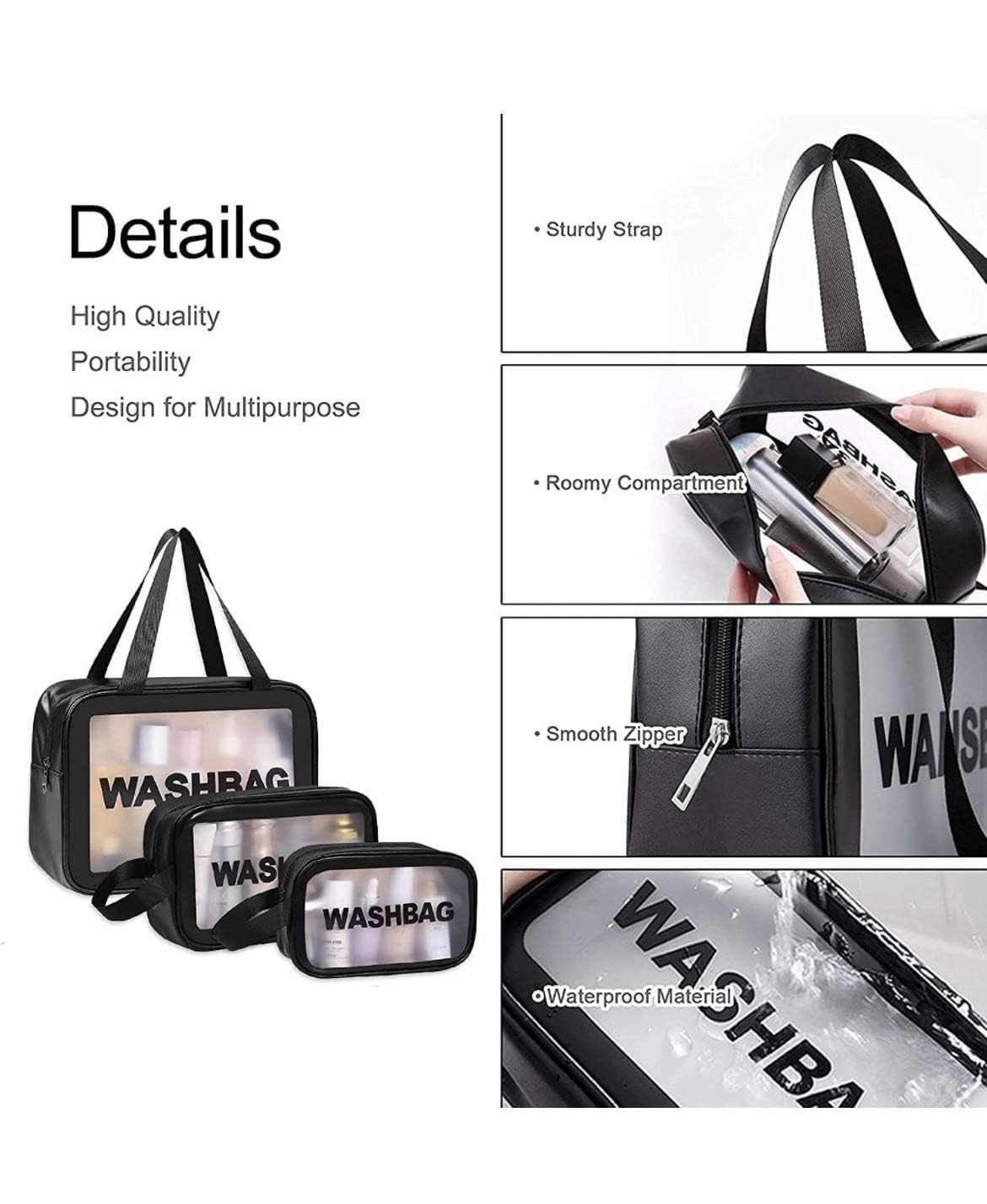 Pristu Clear Waterproof Makeup Pouch Set - Travel Cosmetic Organizer Bag for Women & Girls - Toiletry Storage Kit for Cosmetics, Brushes & Accessories (Black) | Perfect for Travel, Gym & Daily Organization