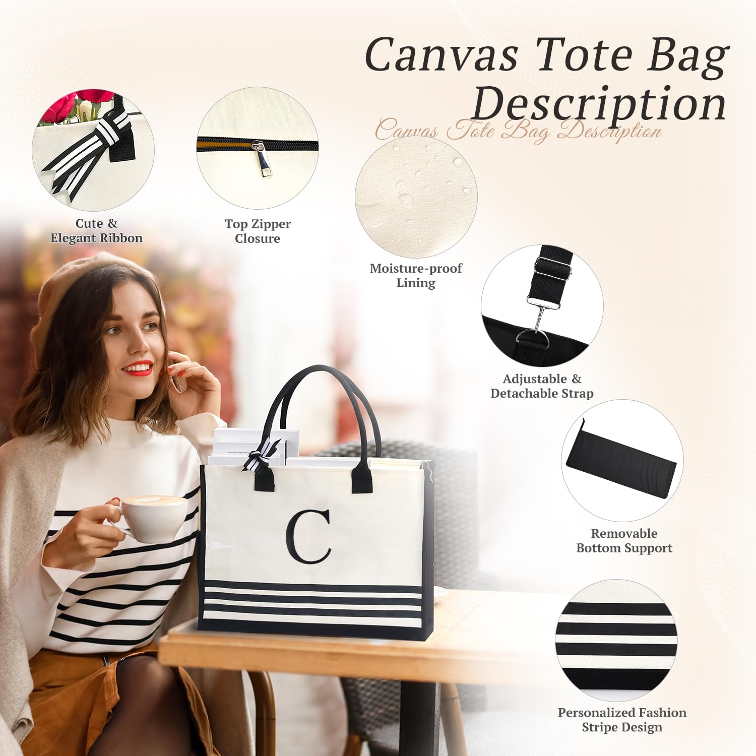 Personalized Monogrammed Canvas Tote Bag - Custom Initial Beach Tote for Women, Teachers, Birthday & Graduation Gifts - Perfect for Shopping, Travel, and Daily Use