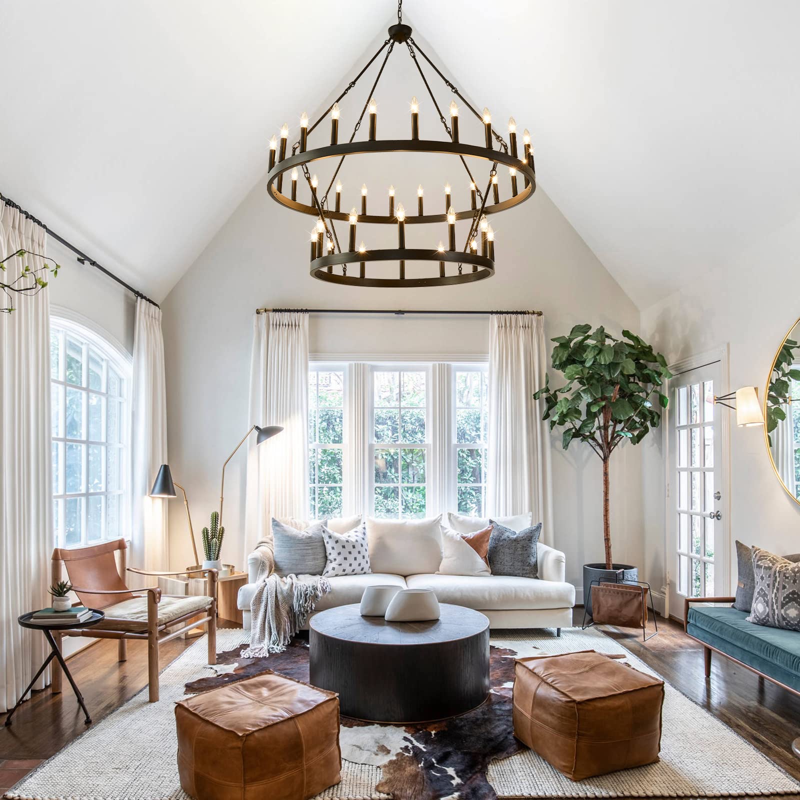 Extra Large 48-Inch Black Rustic Wagon Wheel Chandelier - 36-Light Farmhouse Pendant Light Fixture for High Ceilings | Perfect for Dining Room, Living Room, Kitchen Island, Foyer & Entryway | Creates Cozy Ambiance for Farmhouse, Rustic & Industrial Decor Styles