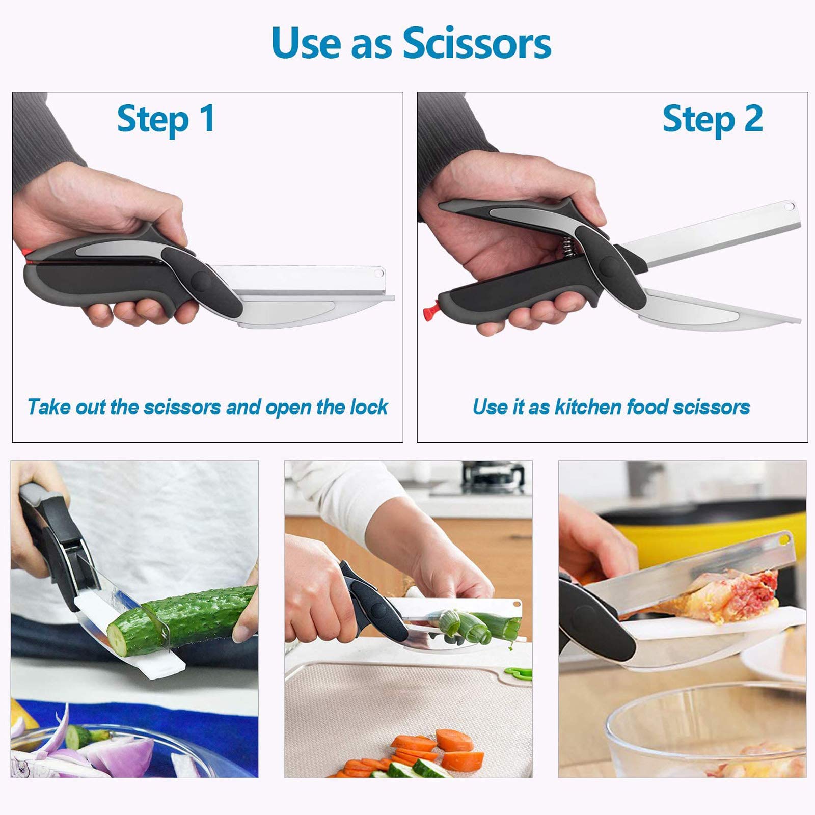 Gudebuy Stainless Steel Food Cutter Scissors with Built-in Cutting Board - Kitchen Shears for Chopping Vegetables, Fruits & Herbs - Perfect for Meal Prep, Salad Making & Food Processing