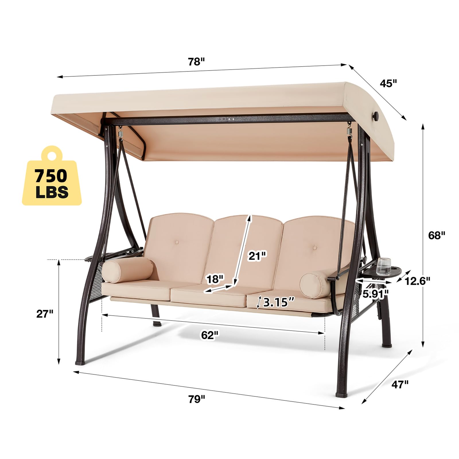 HOMREST 3-Person Outdoor Porch Swing with 1.5