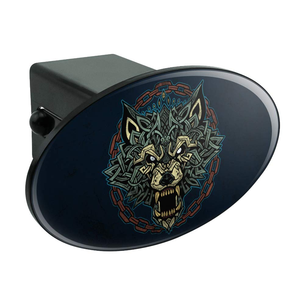 Fenrir Fierce Snarling Wolf in Chains Norse Mythology Trailer Hitch Cover - Viking-Themed Oval Hitch Plug for Trucks & SUVs - Perfect for Norse Fans, Camping & Road Trips