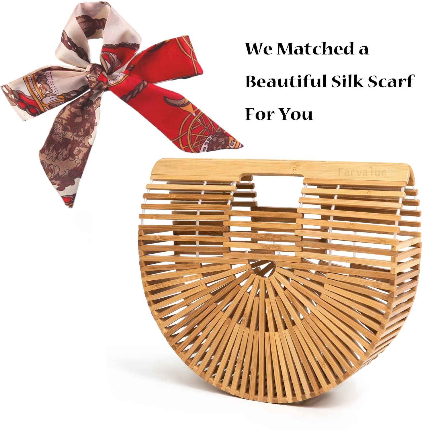 FARVALUE Women's Large Bamboo Tote Bag - Handmade Wooden Beach Bag with Silk Scarf for Summer | Perfect for Vacation, Shopping & Outdoor Activities