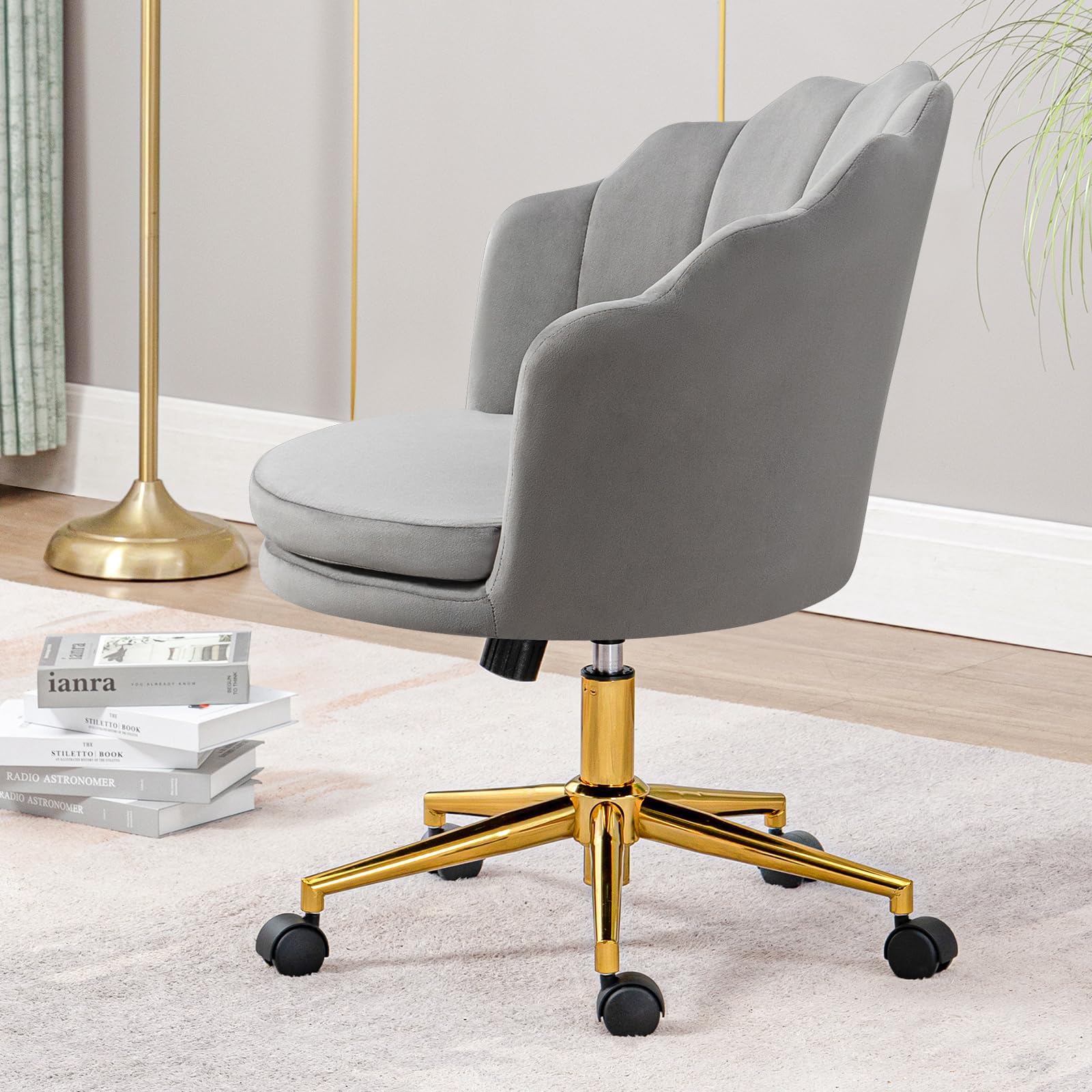 Furniliving Velvet Vanity Chair with Thick Cushion - Adjustable Swivel Makeup Chair with Seashell Back & Metal Legs for Bedroom, Home Office, Dressing Room (Grey) | Ergonomic Upholstered Task Chair for Makeup Vanity, Computer Desk & Beauty Salon