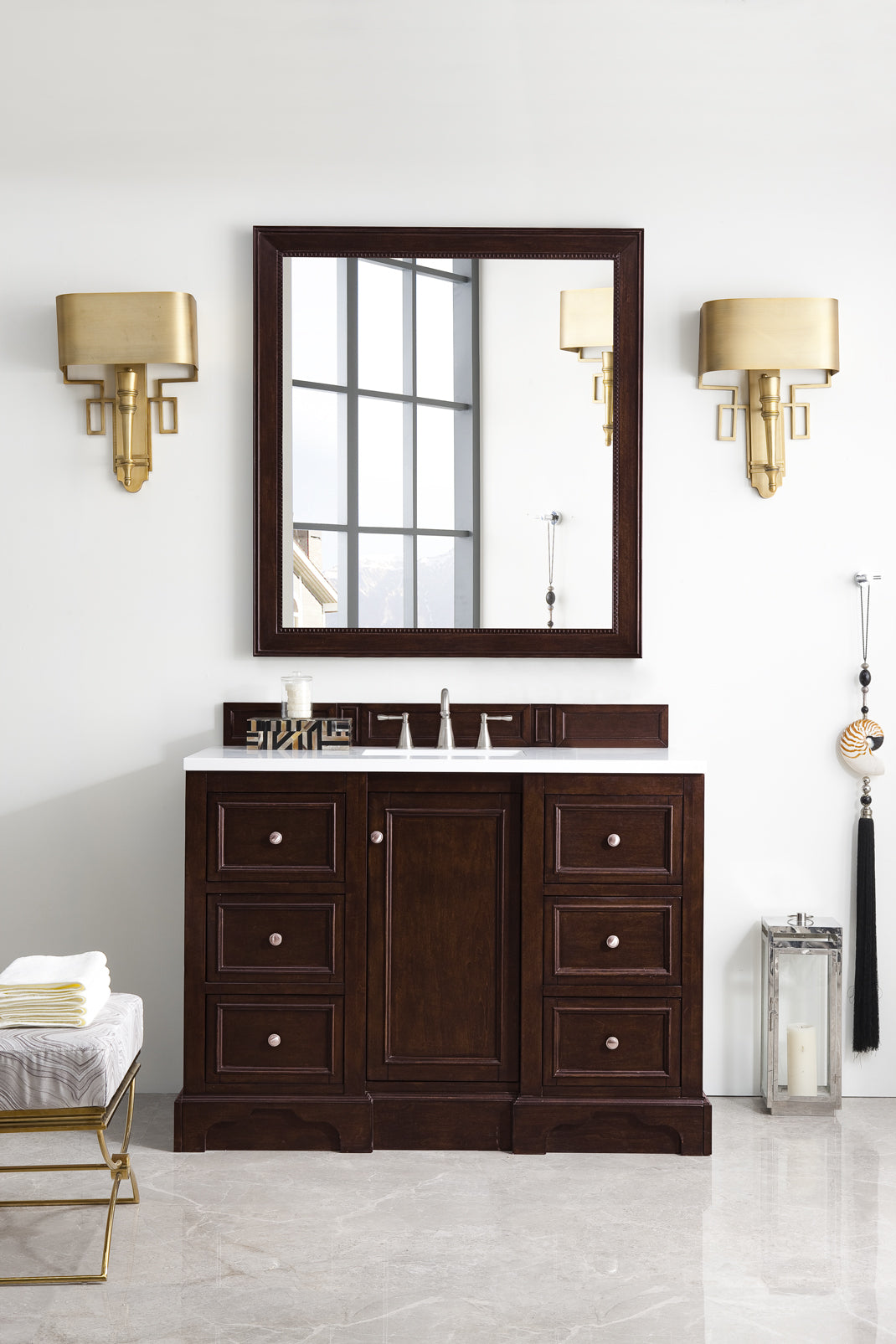 De Soto 48 Inch Single Bathroom Vanity with Burnished Mahogany Cabinet & 3CM White Zeus Quartz Countertop - Perfect for Modern Master Bathrooms and Powder Rooms