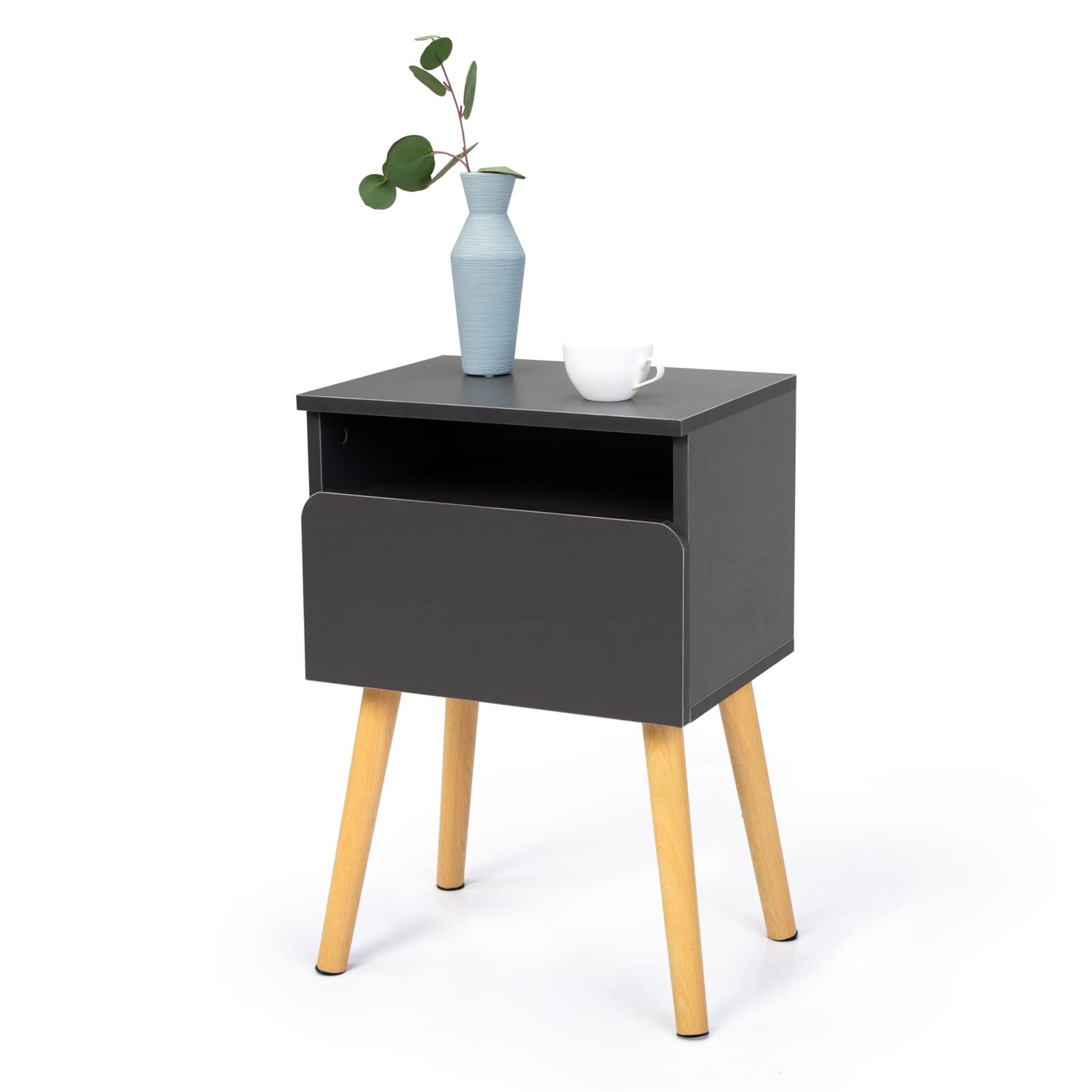 Modern Grey Wood Nightstand with Drawer & Open Shelf - Solid Wood End Table for Bedroom, Living Room & Sofa Side | Perfect for Small Spaces, Apartment Decor & Guest Room Furniture
