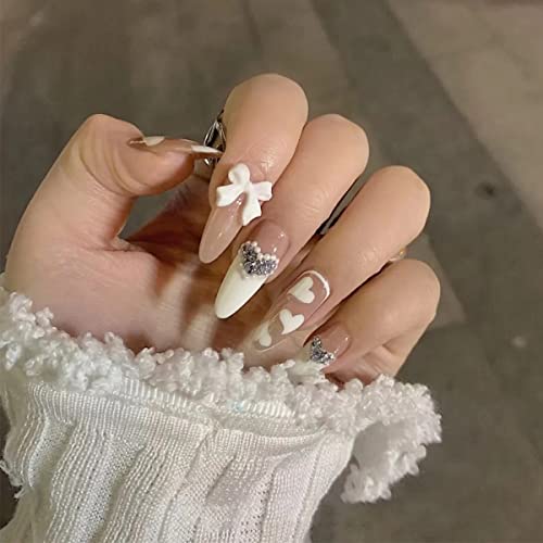 White Peach Heart Pearl Bow Almond