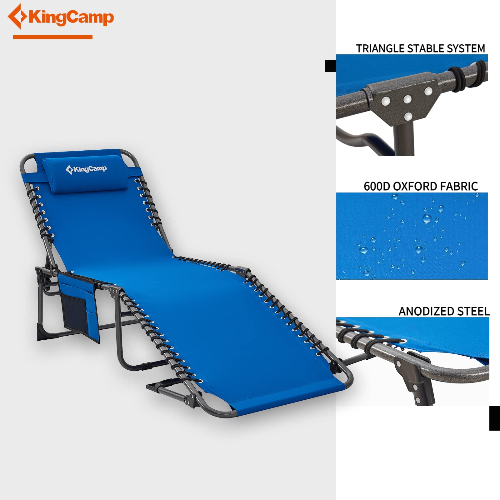 KingCamp Folding Adjustable Patio Chaise Lounge Chair - Heavy Duty Portable Outdoor Recliner for Pool, Beach, Sunbathing, Deck & Lawn - Lay Flat Foldable Camping Cot with Pillow - Perfect for Relaxing, Travel & Backyard Lounging