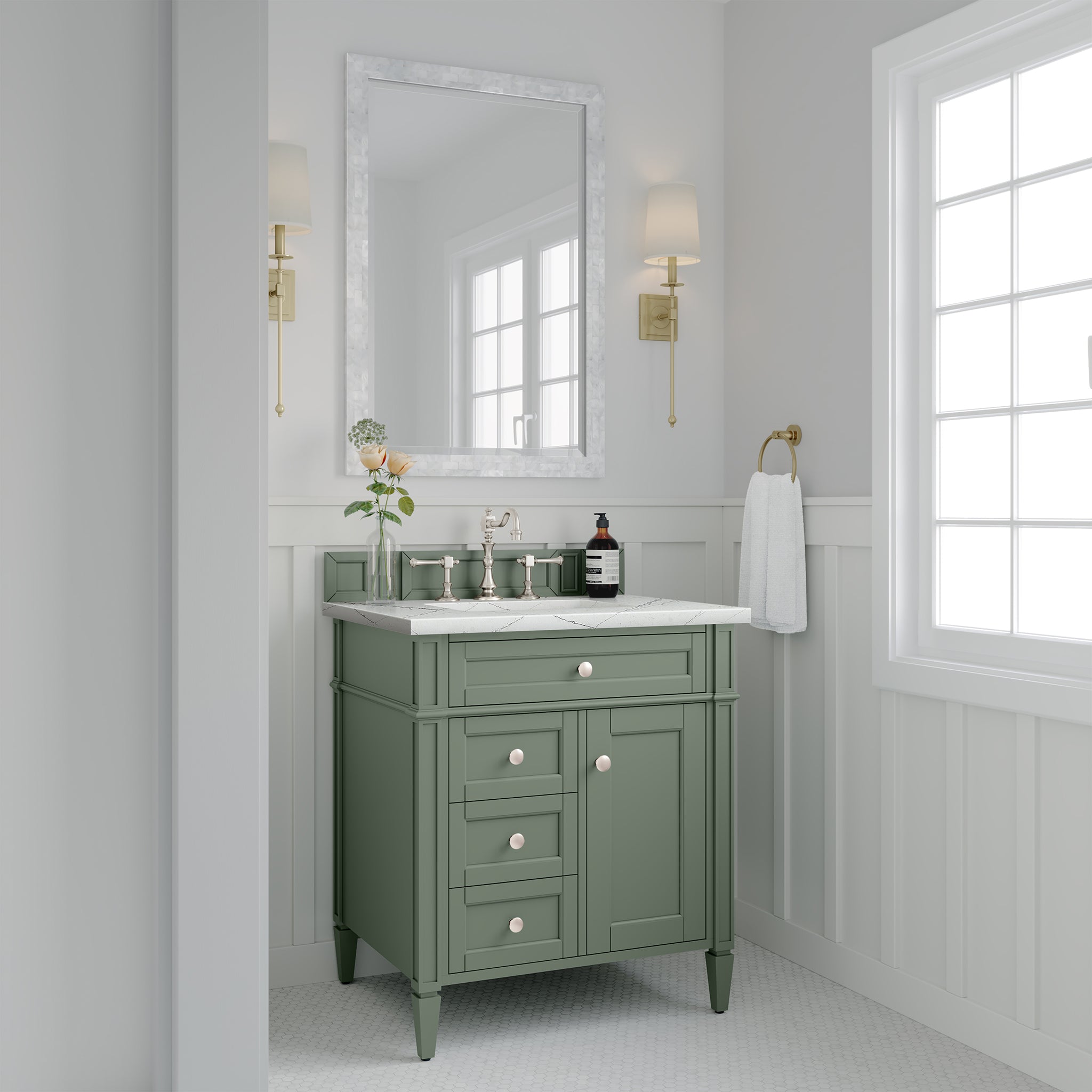 Brittany 30-Inch Single Bathroom Vanity in Smokey Celadon with 3CM Ethereal Noctis Quartz Top - Perfect for Modern Master Bathrooms & Powder Rooms