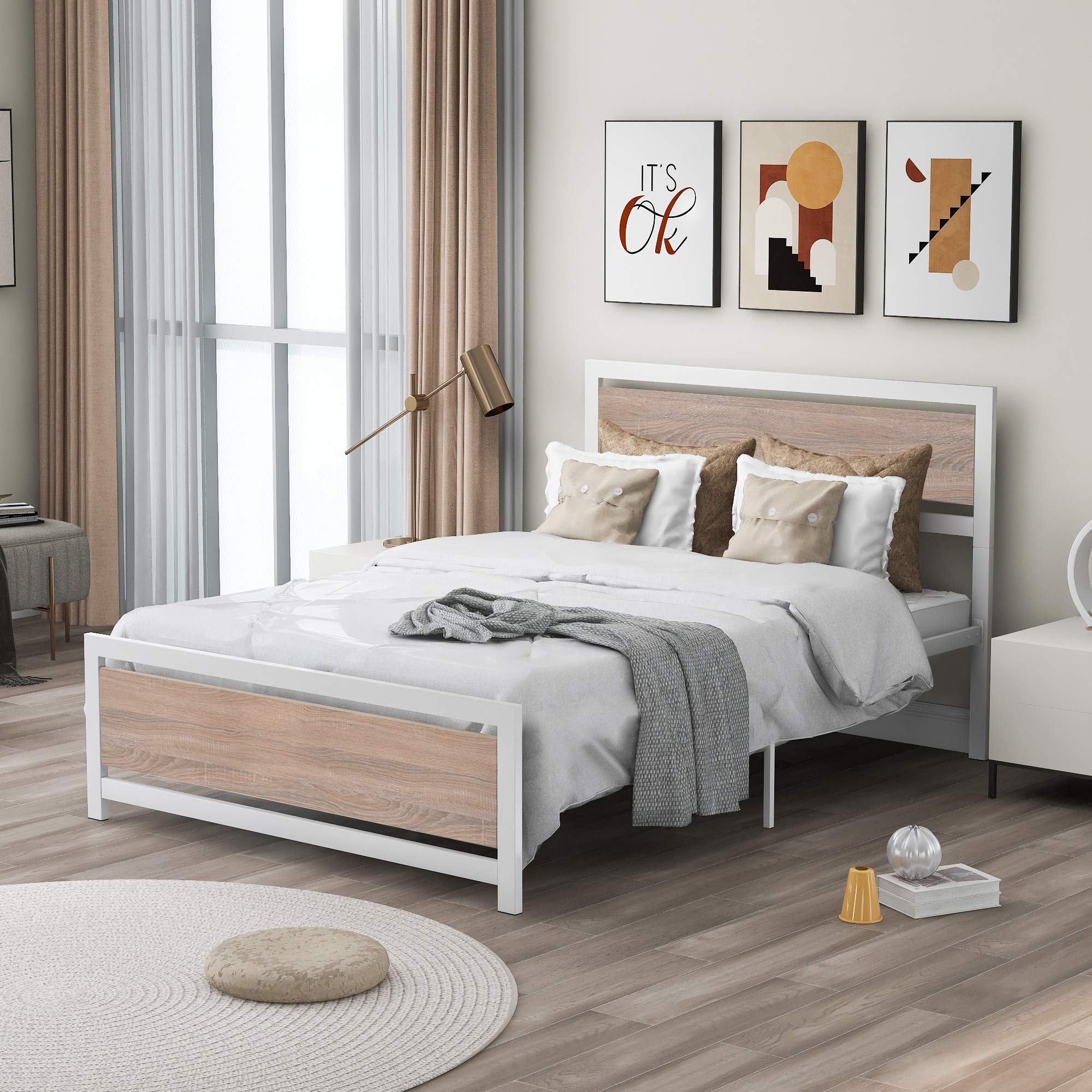 Lazyspace Full Size Metal and Wood Platform Bed Frame with Headboard & Footboard - No Box Spring Needed, Easy Assembly (White) - Perfect for Modern Bedrooms, Guest Rooms & Small Spaces