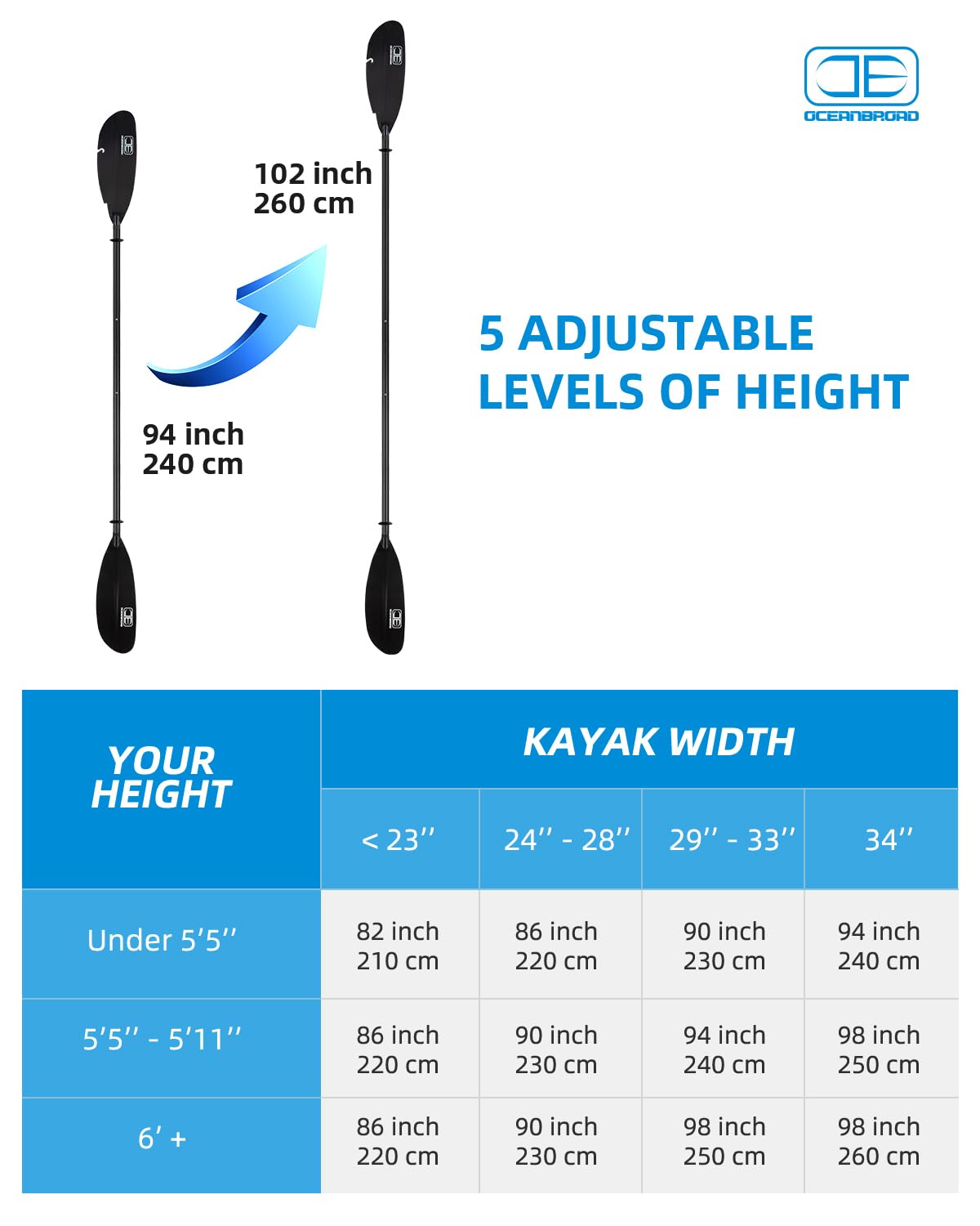 Premium Adjustable Carbon Fiber Fishing Kayak Paddle - 94in to 102in (240cm-260cm) with Paddle Leash - Lightweight & Durable for Kayaking, Canoeing & Outdoor Water Sports