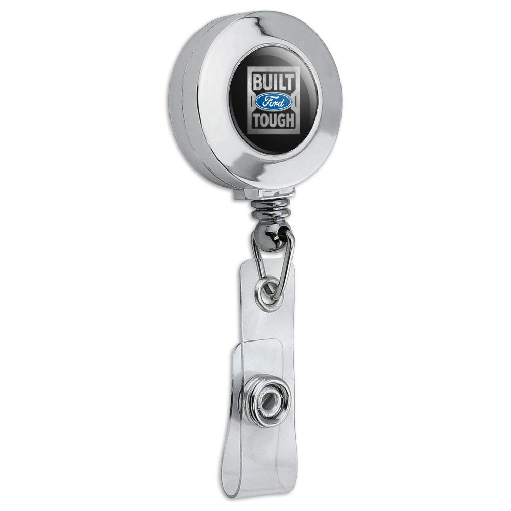 Ford Built Ford Tough Retractable Reel Chrome Badge ID Card Holder Clip - Heavy Duty Security Badge Holder for Work, Construction Sites & Office Use