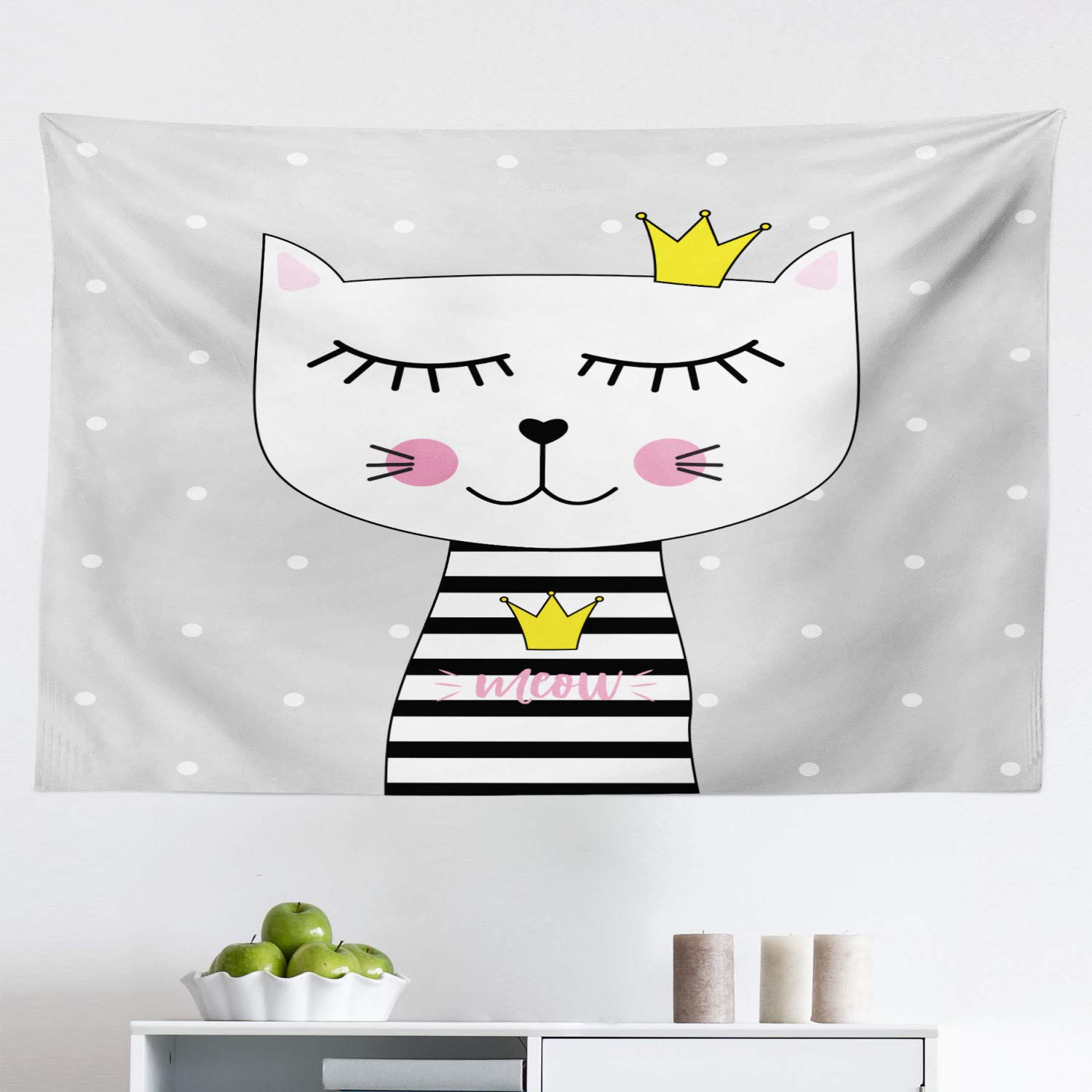 Ambesonne Cat Tapestry - Cute Cartoon Kitten with Meow Text & Crown Design, Grey Pink Fabric Wall Hanging Decor for Bedroom, Living Room, Dorm (45