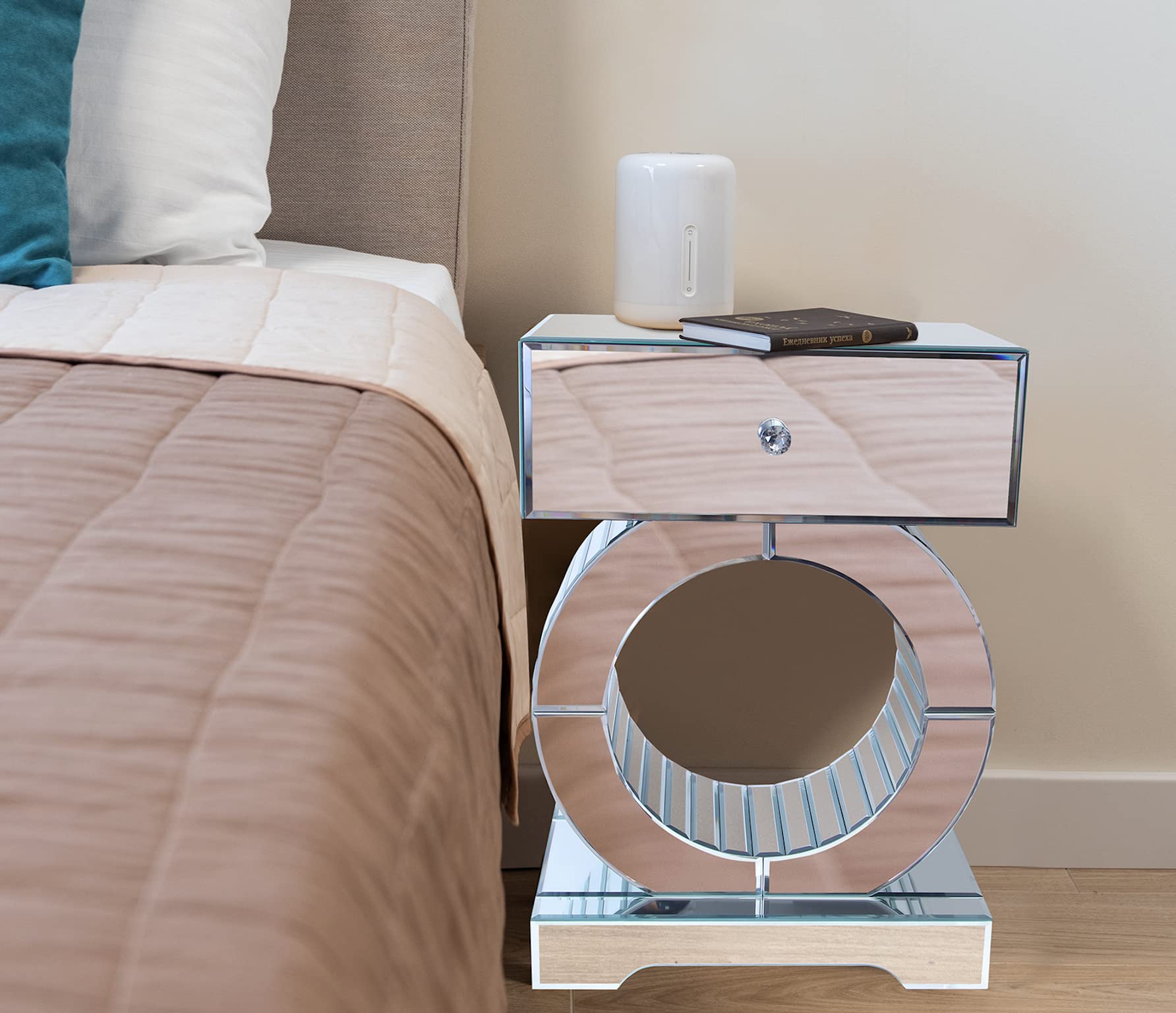 Modern Glass Side Table with Mirror & Drawer - Silver Accent Nightstand for Bedroom, Mirrored Dresser & Bedside Cabinet - Perfect for Small Spaces, Guest Rooms & Contemporary Home Decor