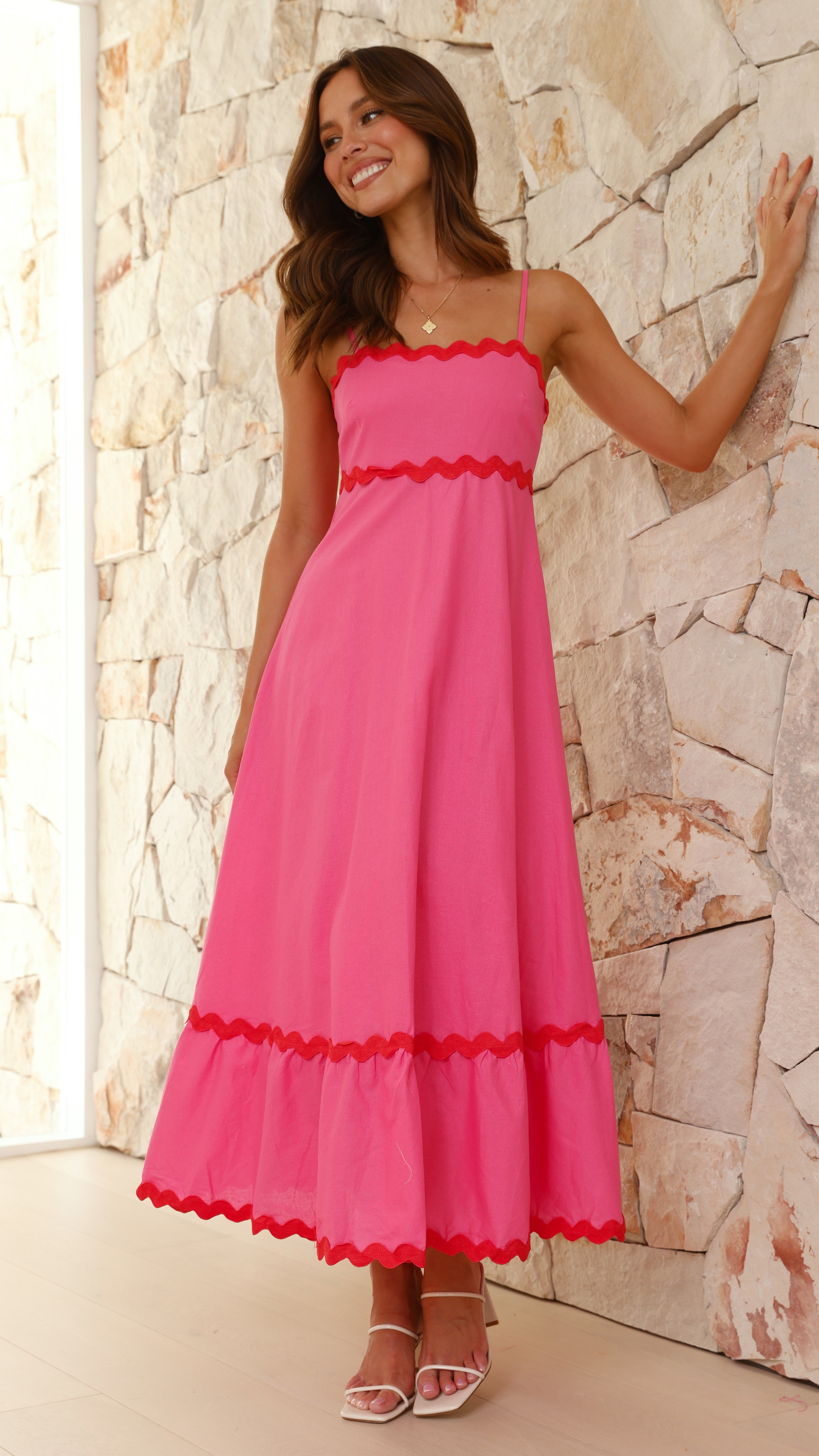 Brodey Midi Dress for Women - Flowy Pink & Red Summer Dress with Short Sleeves | Perfect for Beach Vacation, Date Night & Casual Outings