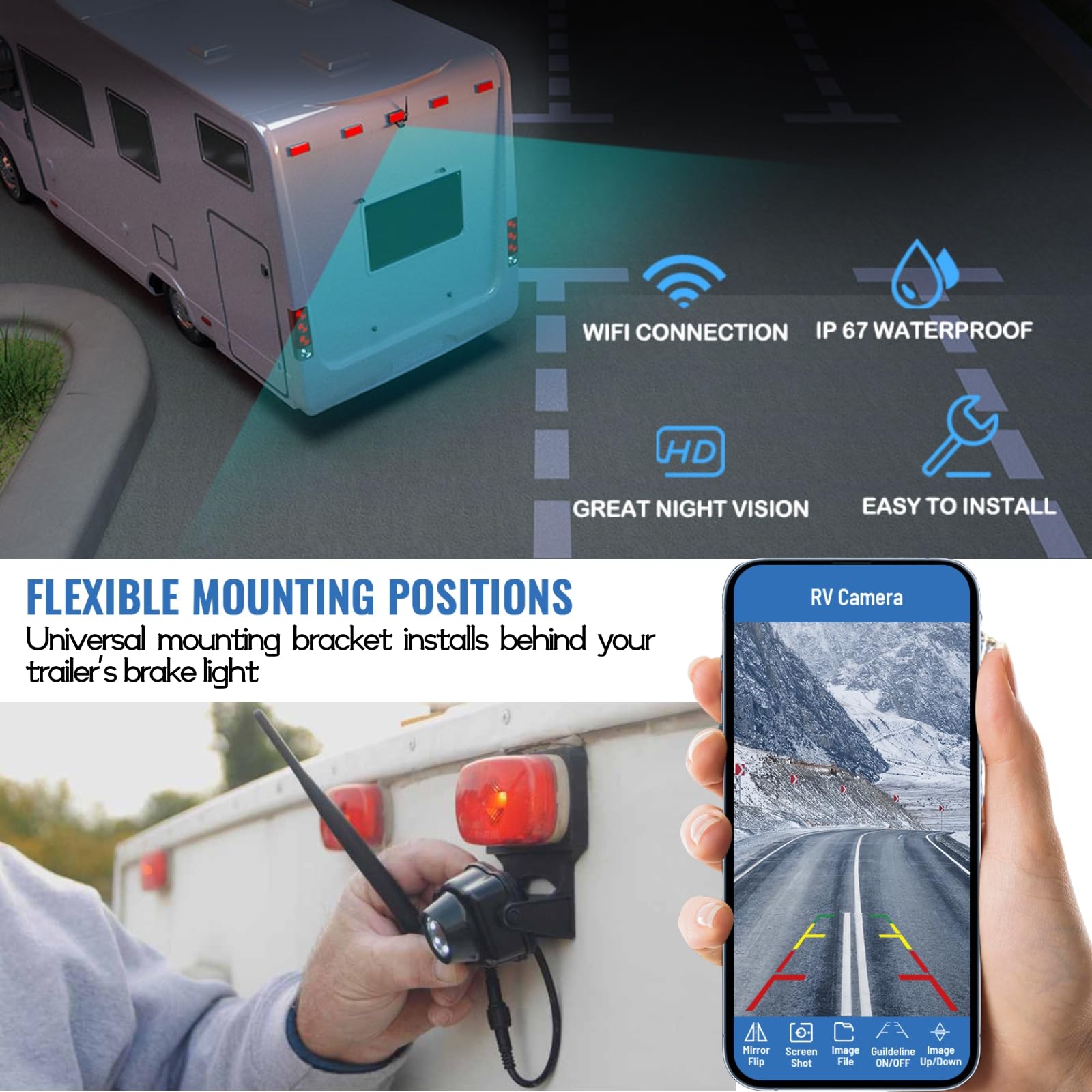 EWAY WiFi Wireless RV Backup Camera - Smart Reverse Rear View Camera for iOS & Android, Compatible with RV, Camper, 5th Wheel, Motorhome - Easy Surface Mount with Night Vision (Black) | Perfect for Safe Parking & Hitching in Low Light Conditions
