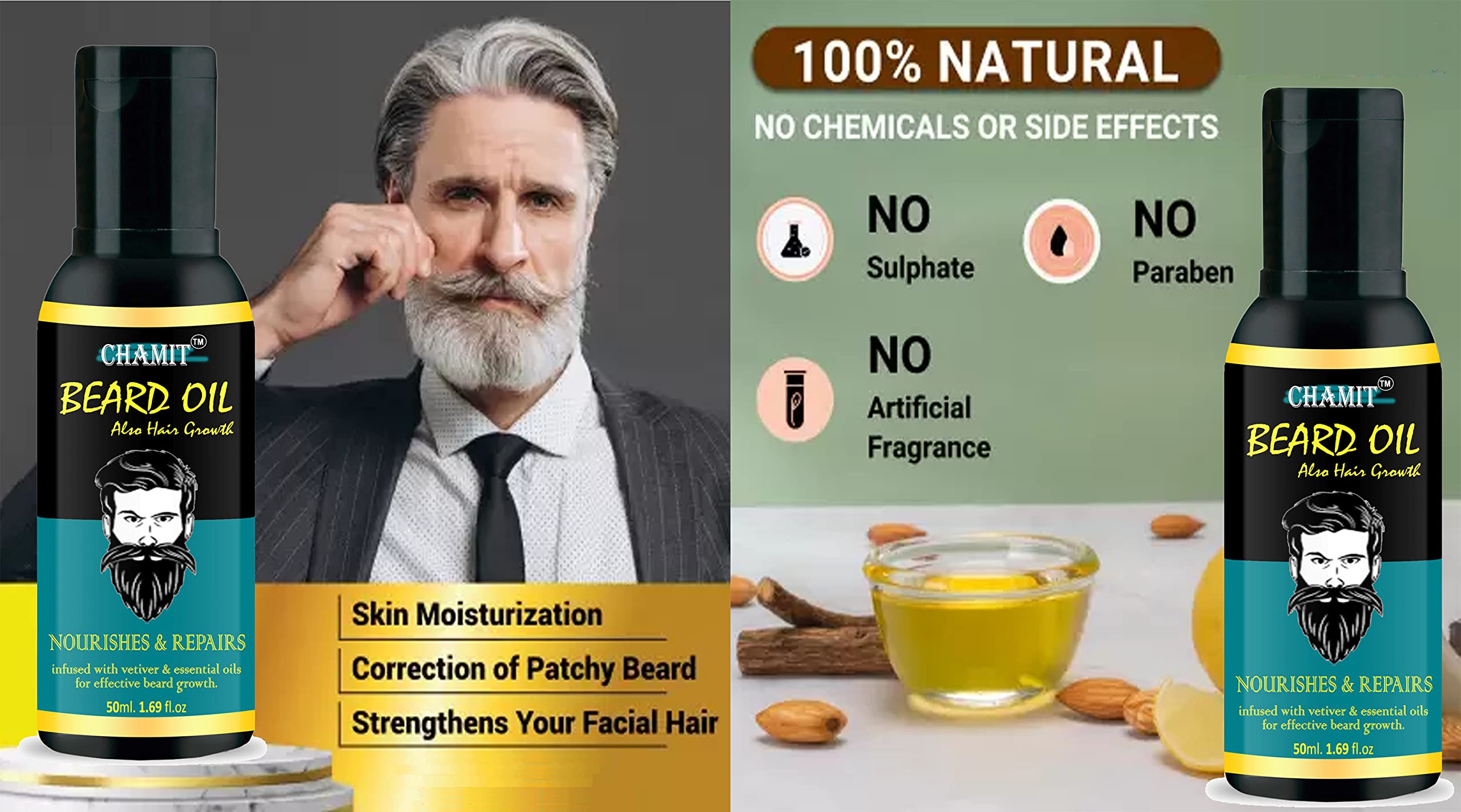 CHAMIT Advanced Beard Growth Oil for Men - Paraben-Free Formula for Healthy & Strong Facial Hair | Promotes Thicker, Fuller Beards | Ideal for Daily Grooming & Styling
